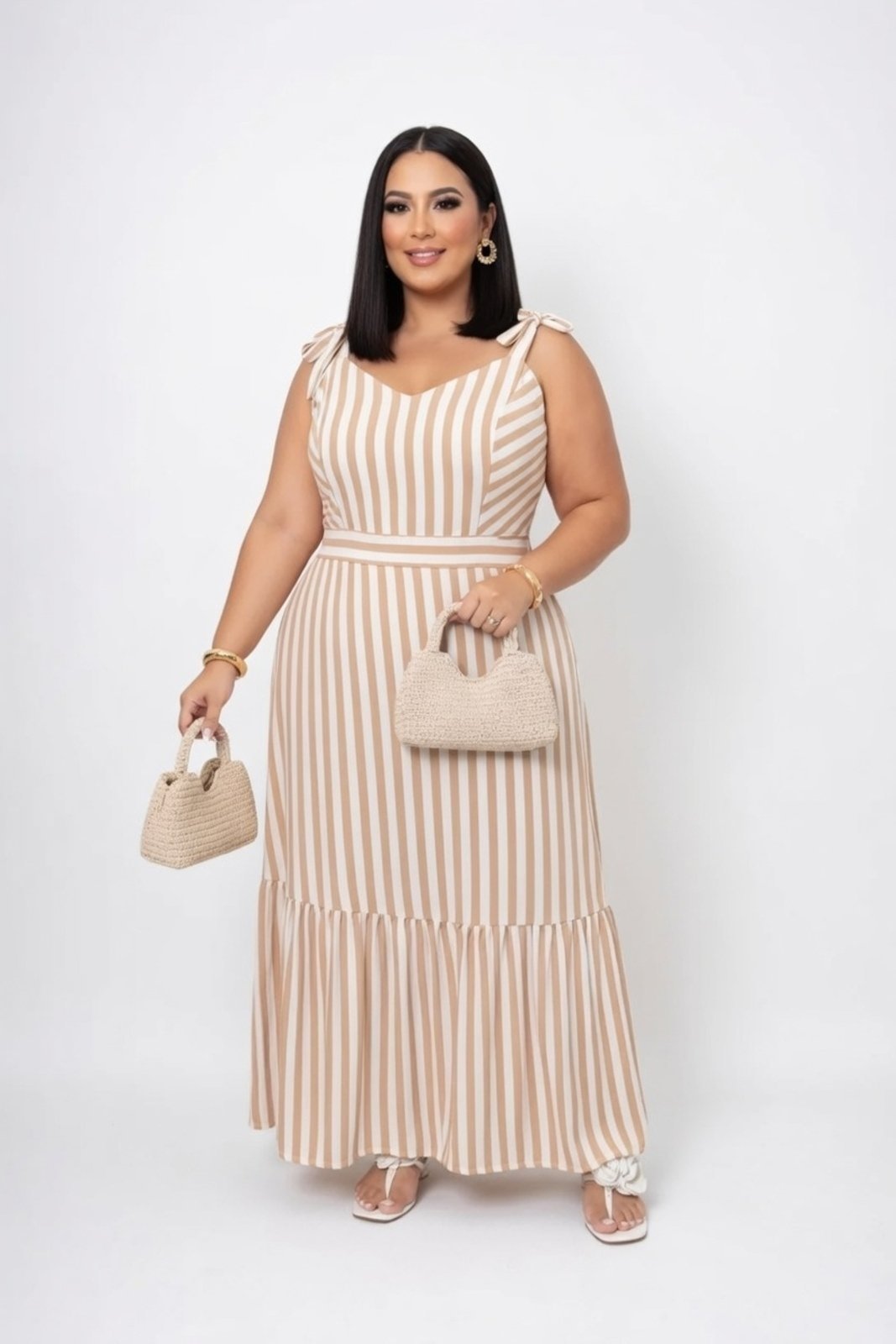 Vestido Longo Plus Size D Bell Outlet Fashion Listrado Caramelo