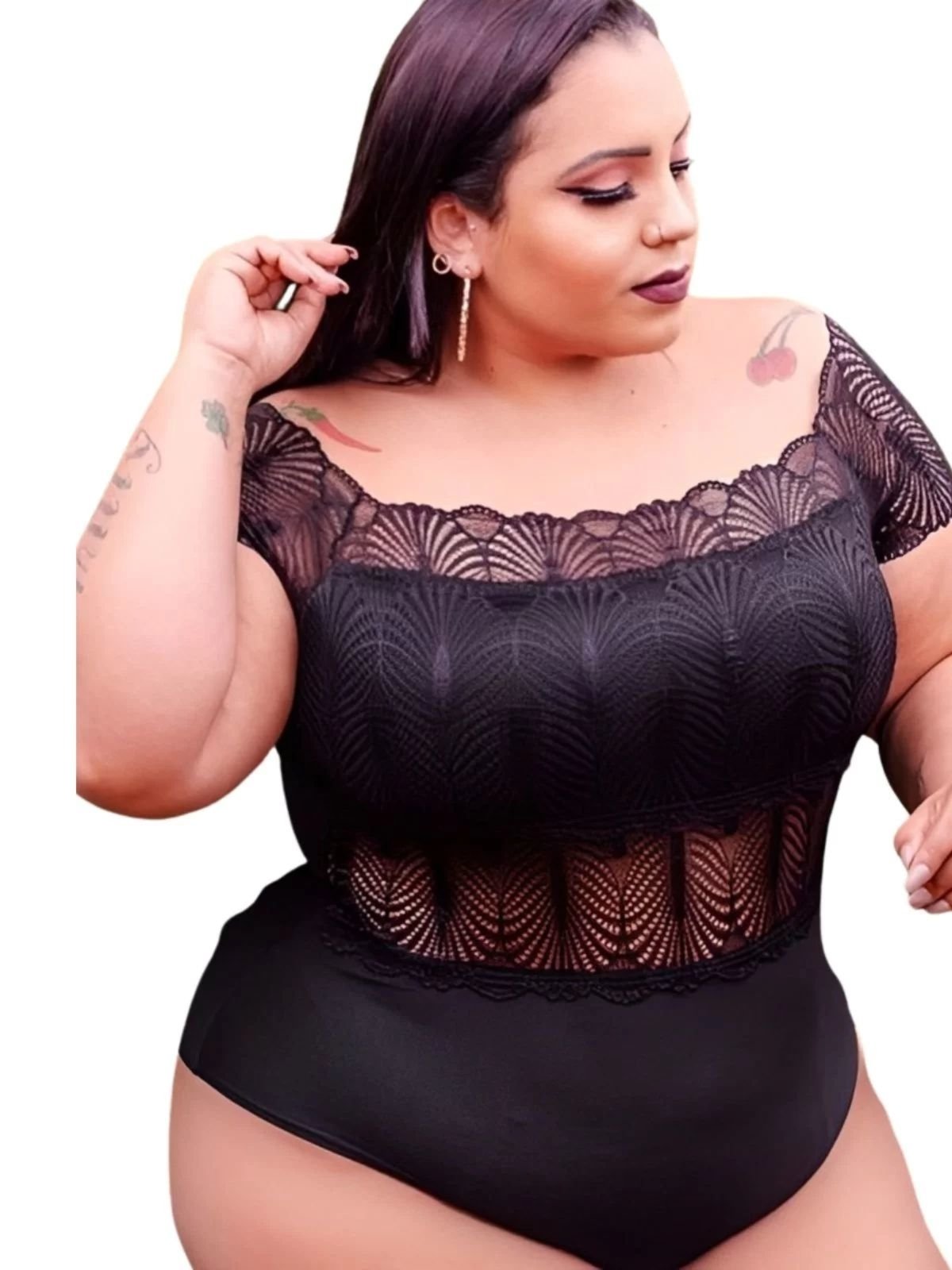 Body Summer Body ciganinha ombro a ombro rendado floral Preto plus size Preto