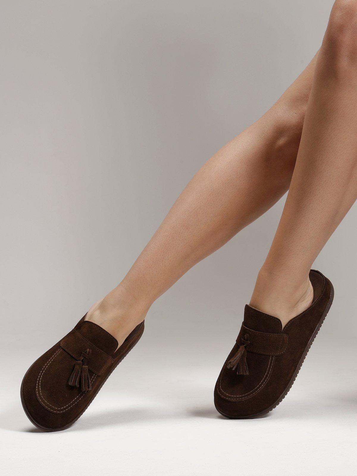 Clogs Couro Legítimo Flor de Griffe Feminino Mocassins Prático Confortável Elegante Moda Casual Café