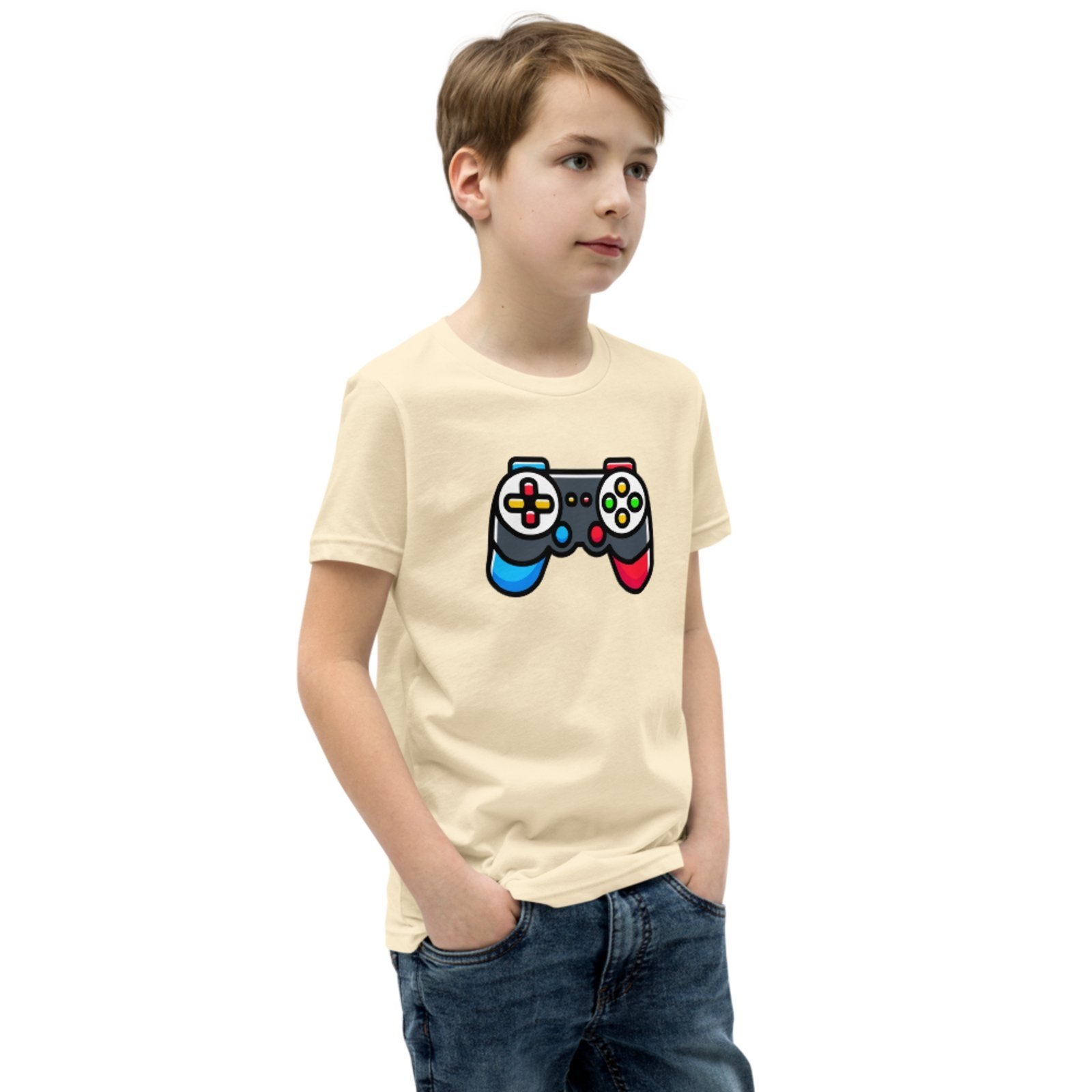 Infantil - Camiseta Blusa Manga Curta Urbania Algodão bege claro off white estampa Game Controle play