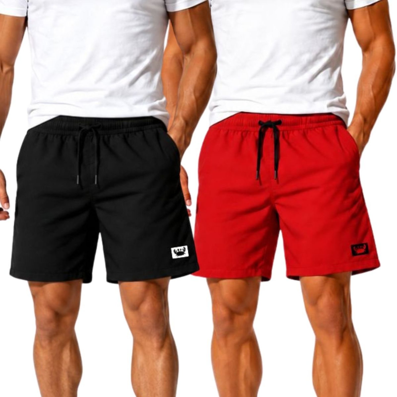 Kit 2 Short Masculino Tactel Leve Relexado Moda Praia e Piscina Bermuda Fitnes Academia Treino Preto e Vermelho