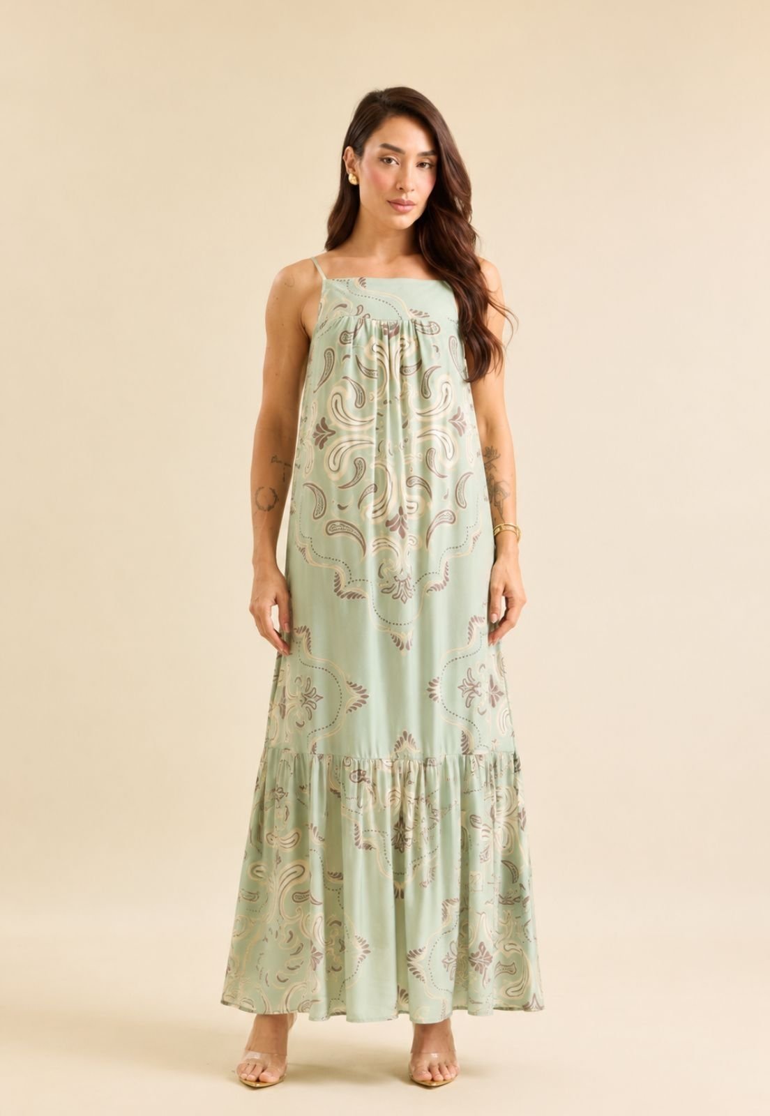 Vestido Longo Feminino Estampado com Alças Ajustáveis Lemier Collection Verde Agua