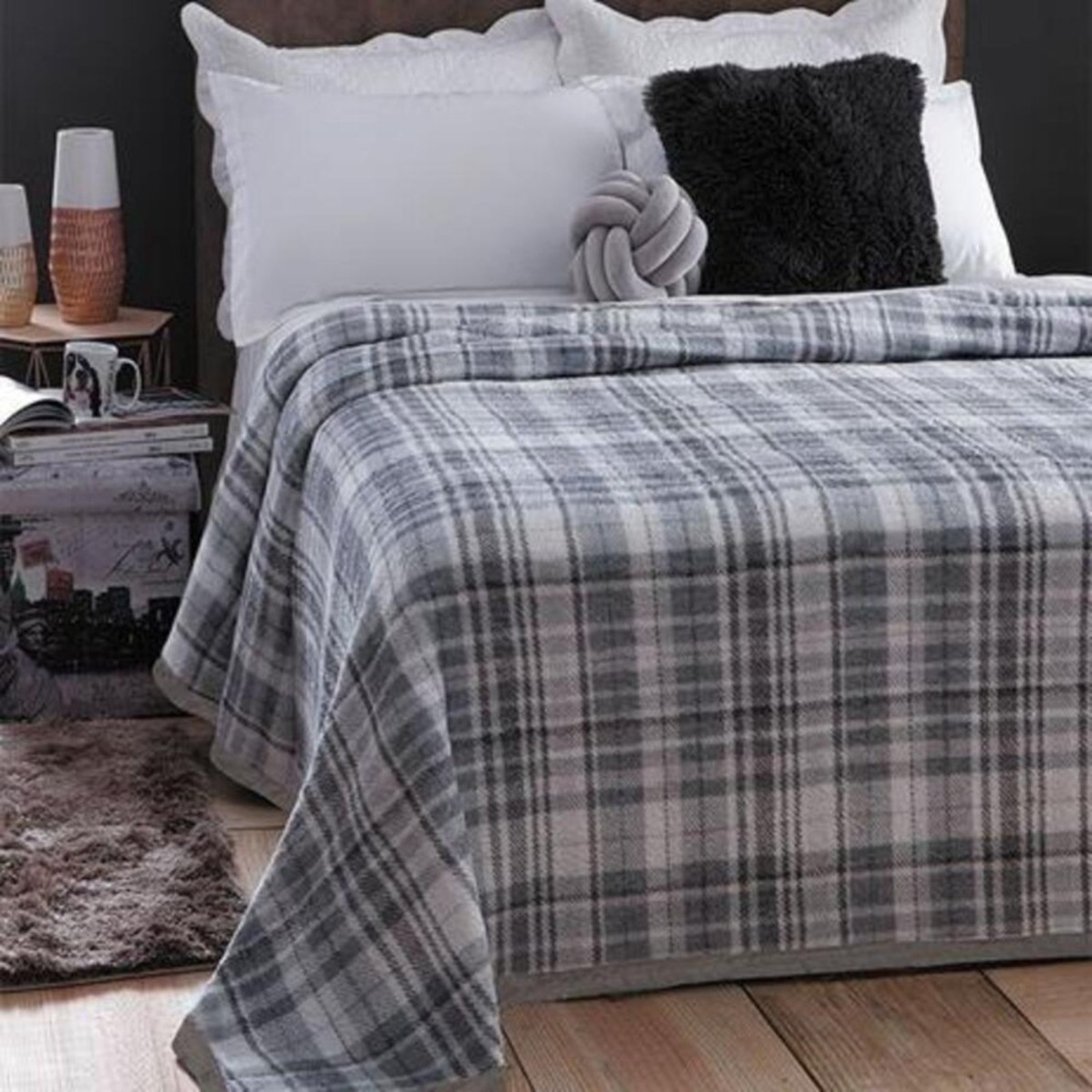 Cobertor Casal Inverno Jolitex Dyuri Madras Cinza