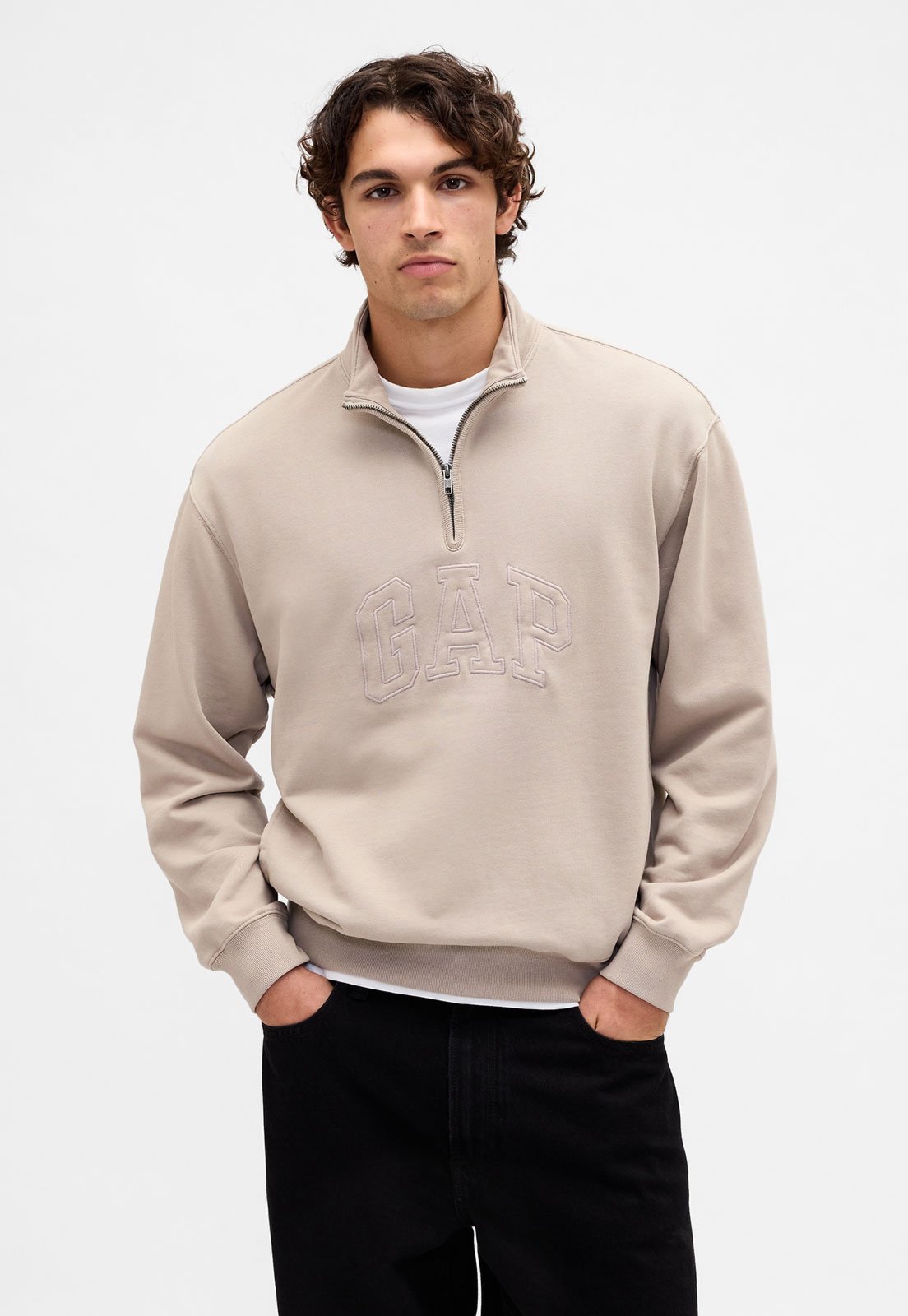 Blusa de Moletom Masculina GAP Gola Alta Logo Bordado Bege