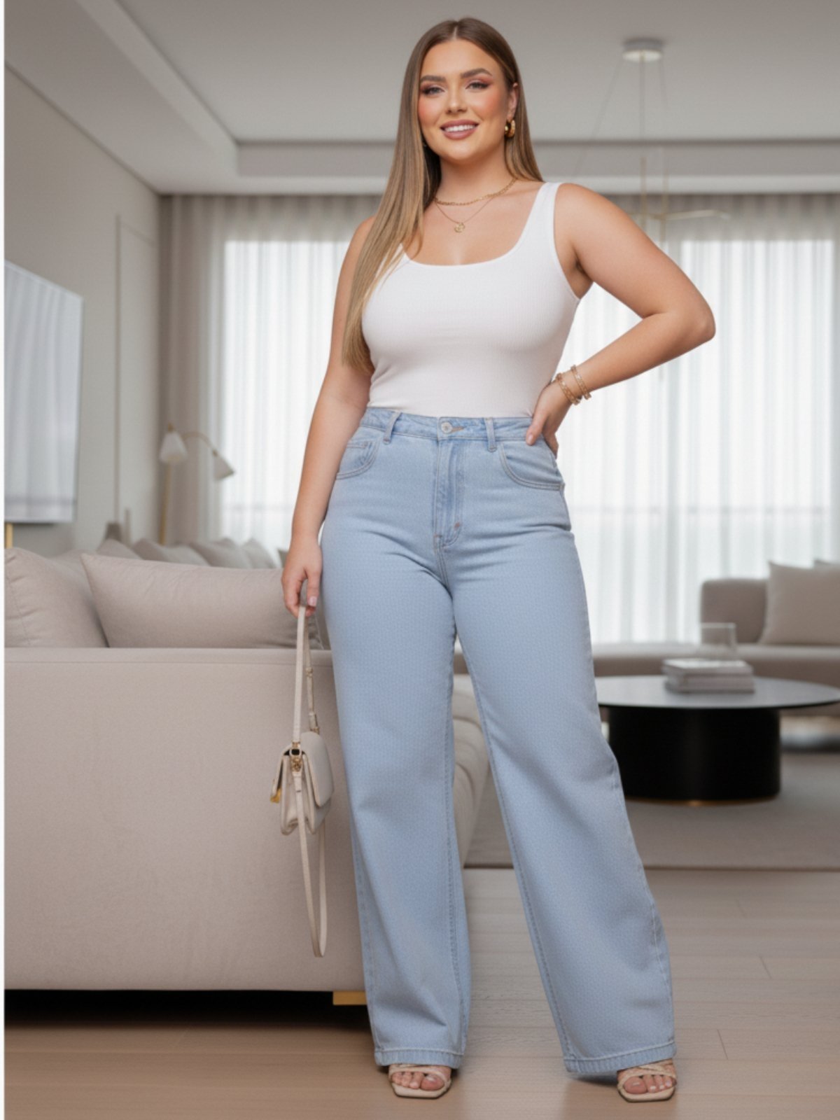 Calça Jeans Widleg Feminina Avec Casual e Basica Ideal Dia a Dia Azul