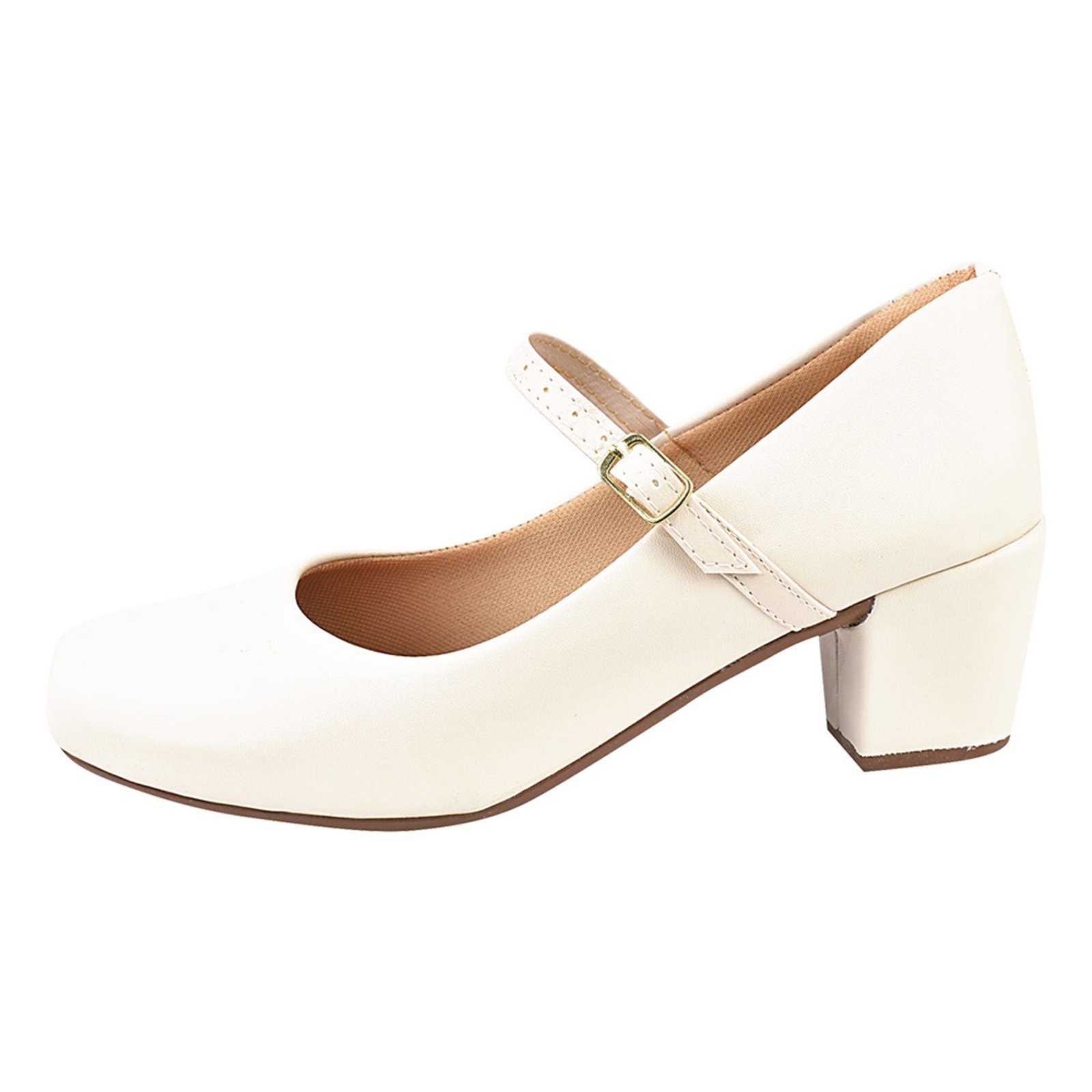 Vista 3 Sapato Scarpin Mary Jane Boneca Bailarina CM Calçados Bico Quadrado Salto Confort Fivela Off White Monte Shoes off-white white Monte Shoes off-white white