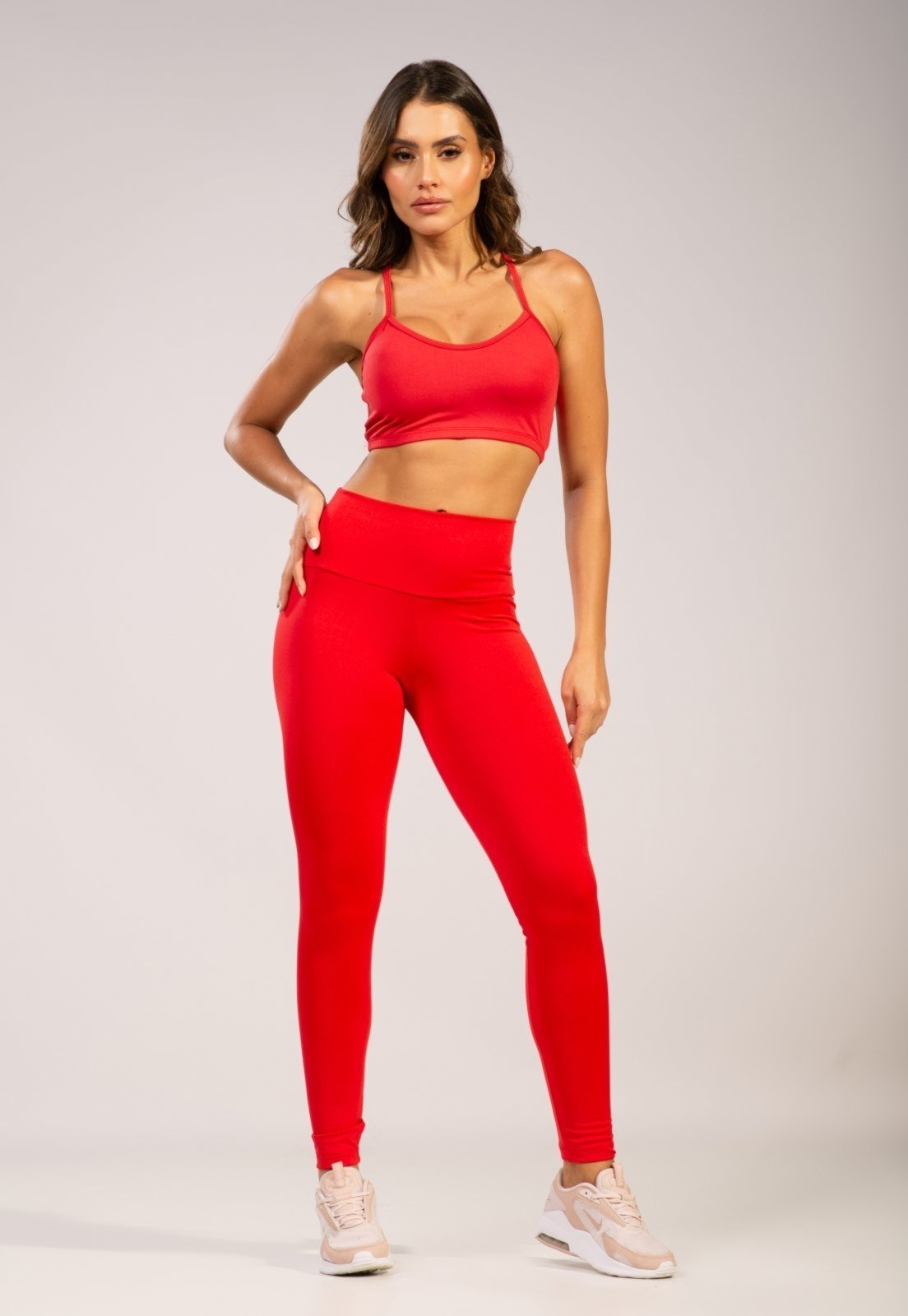 Conjunto Top e Calça Fitness Bella Fiore Modas Alça Fina Nadador Cintura Alta Vermelho