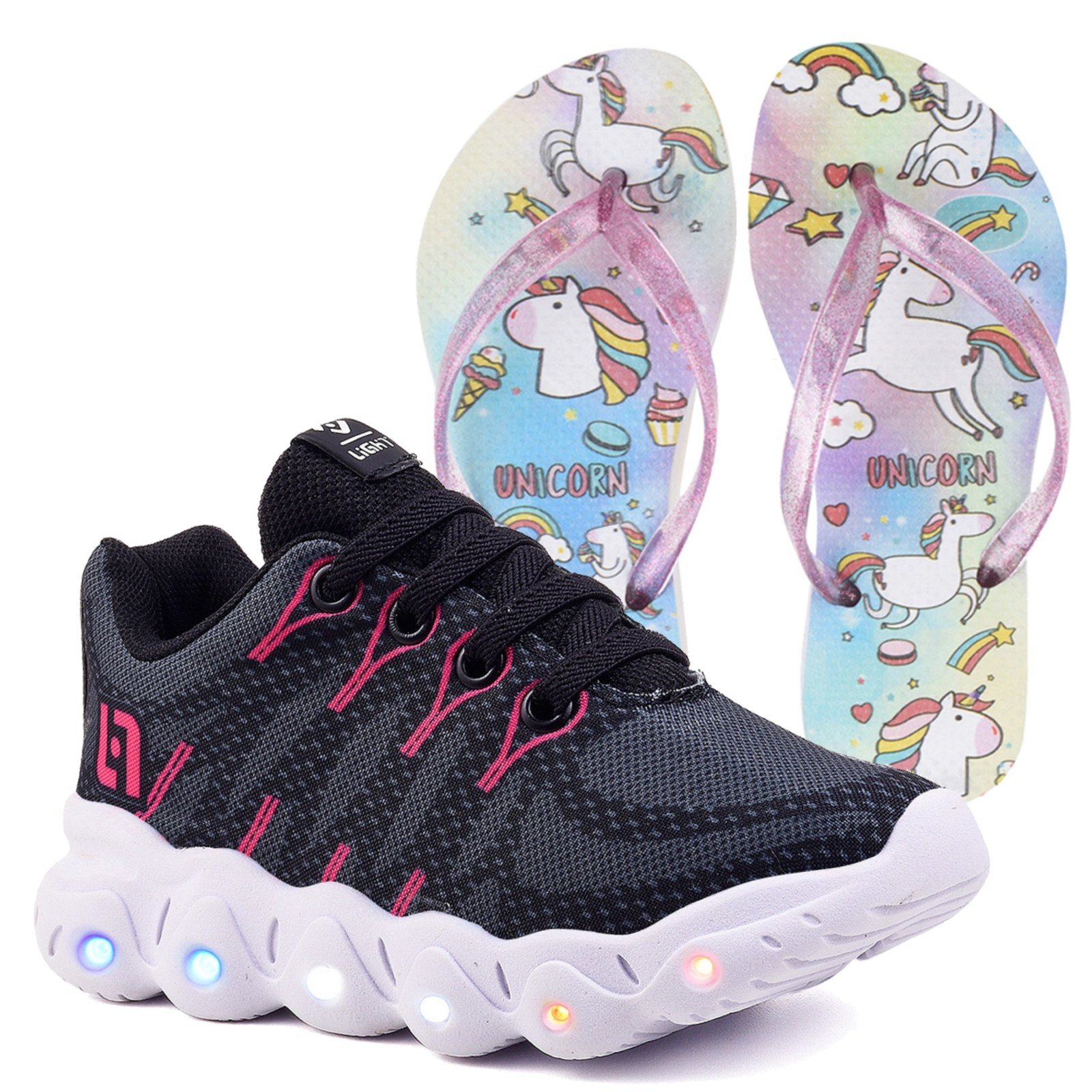 Infantil – Tenis De Led Meninas Casual Preto e Pink Com Luzes Feminino + Chinelo