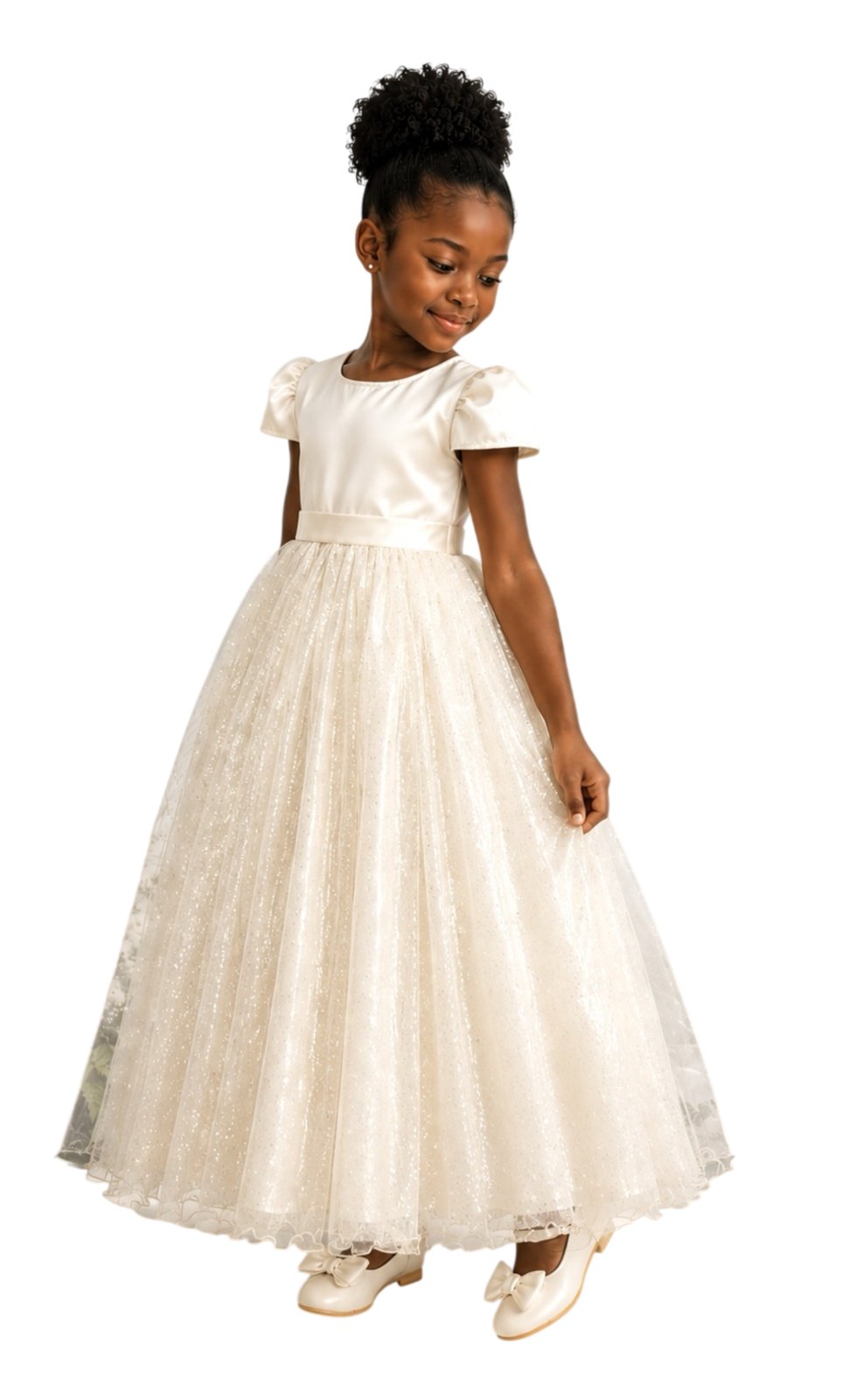 Infantil - Vestido Longo Menina Juvenil Festa Branco Off White Marfim Creme Brilho Formatura Casamento Juvenil Princesa Social Rodado Florista Dama Daminha Aniversário Luxo