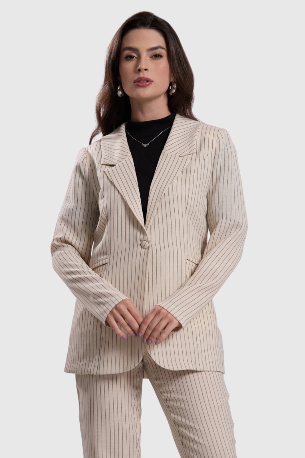 Blazer Feminino Amora Café Risca de Giz Off White