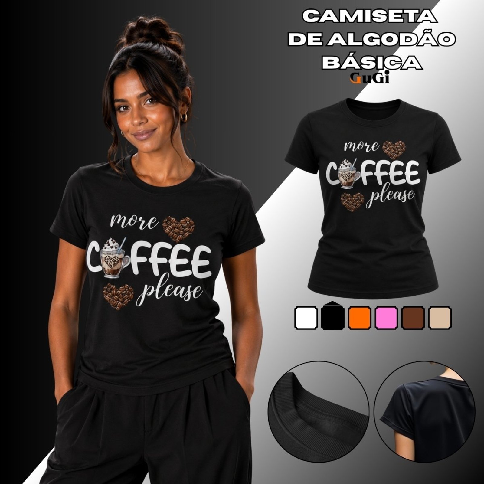 Camiseta Feminina Coffee Please Café 100% Algodão Preto