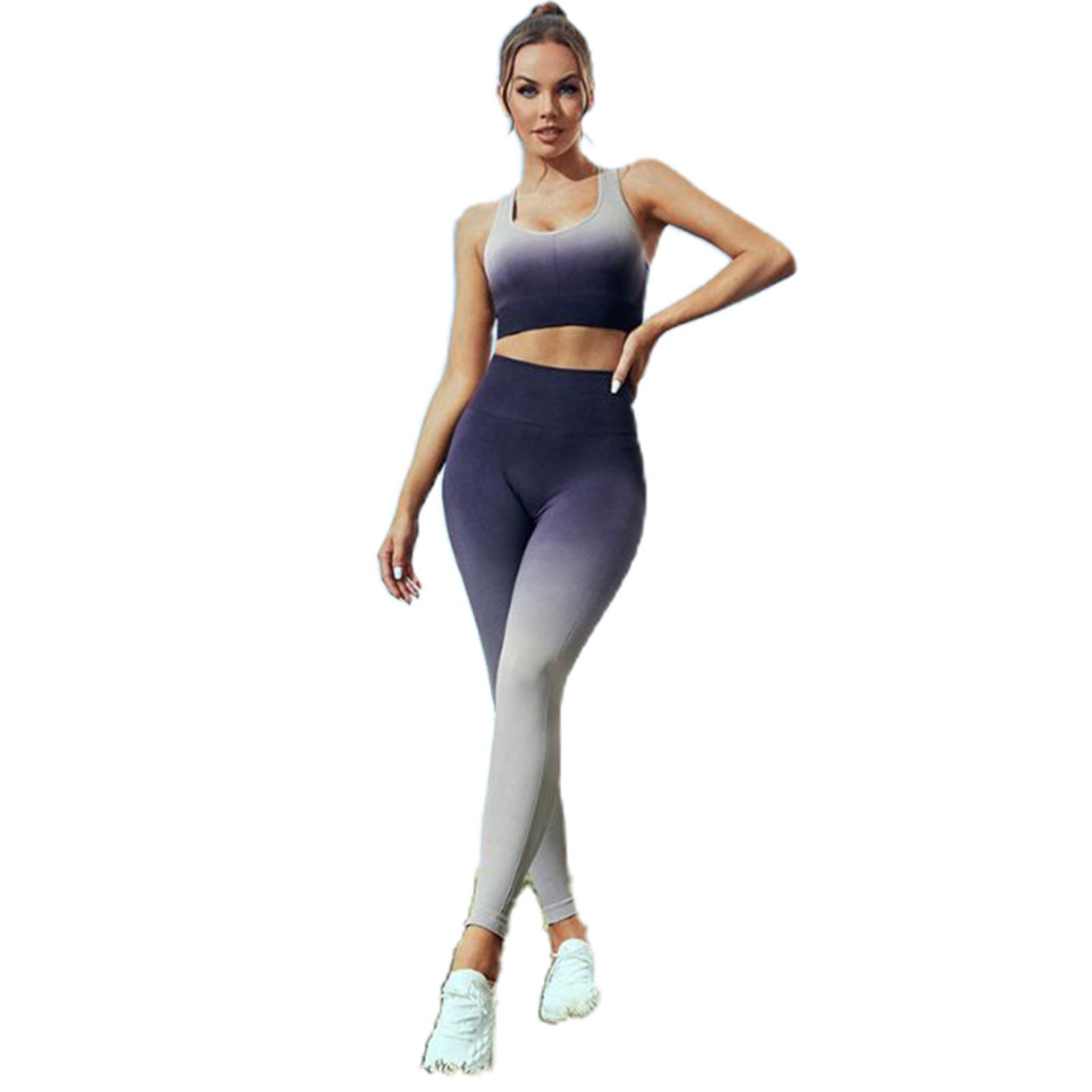 Conjunto Feminino Degrade Calça Leg e Top Academia Fitness Preto e Cinza