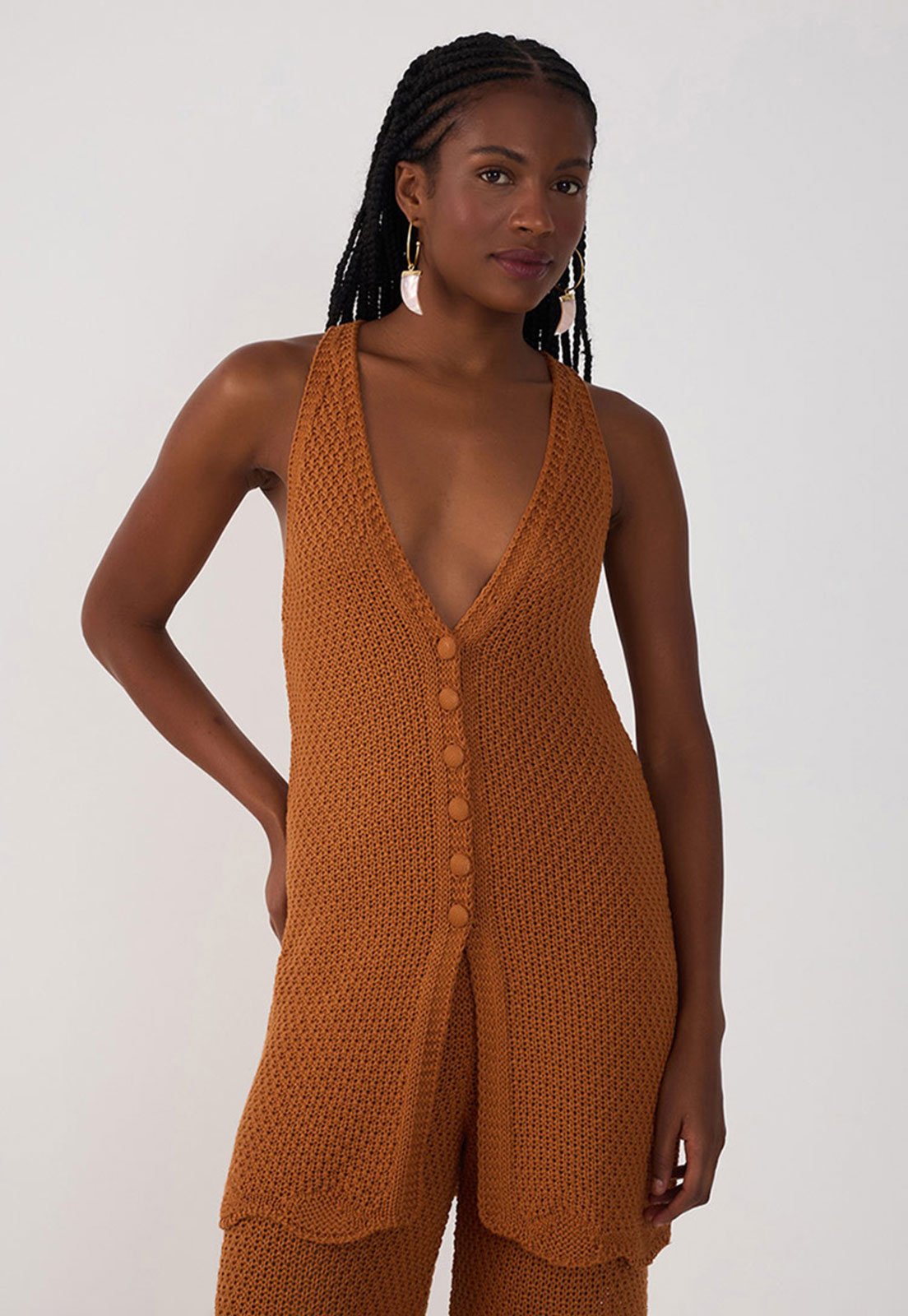 Regata Tricot Dress To Reta Barra Ondas Caramelo