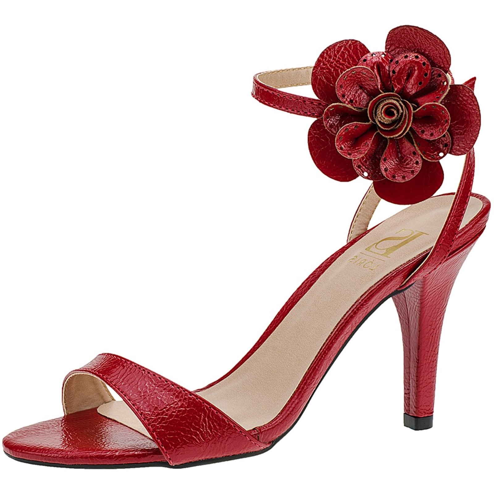 Sandália Lóris Shoes com Flor Giseli Feminina Social Verniz Salto Alto Fino Fivela Traseiro Bico Redondo 13-150 Vermelho