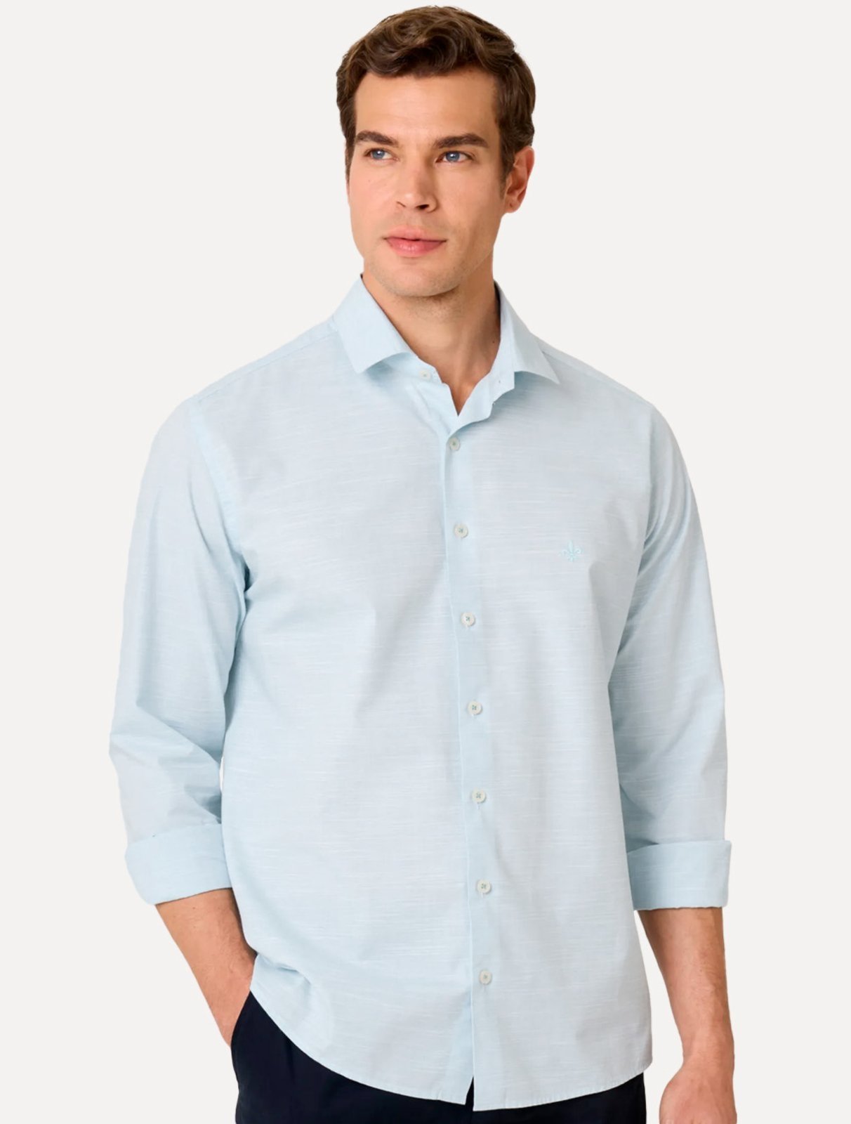 Camisa Dudalina Masculina Slim Slub Cotton Flame Lisa Verde Militar