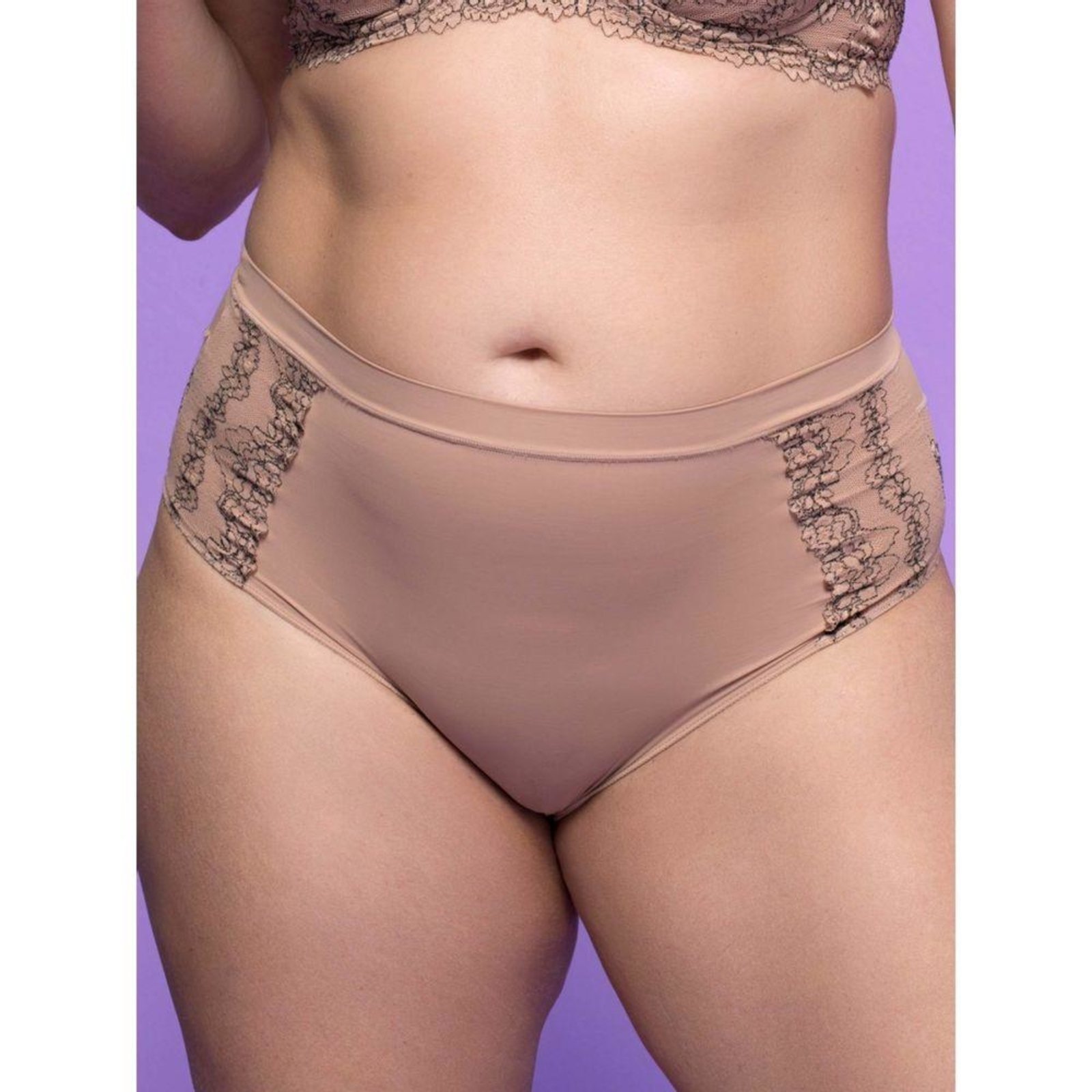 Vista 3 Calcinha Cintura Alta Microfibra Renda Première Signature Nude/Preto Preto Loungerie preto nude Loungerie preto nude