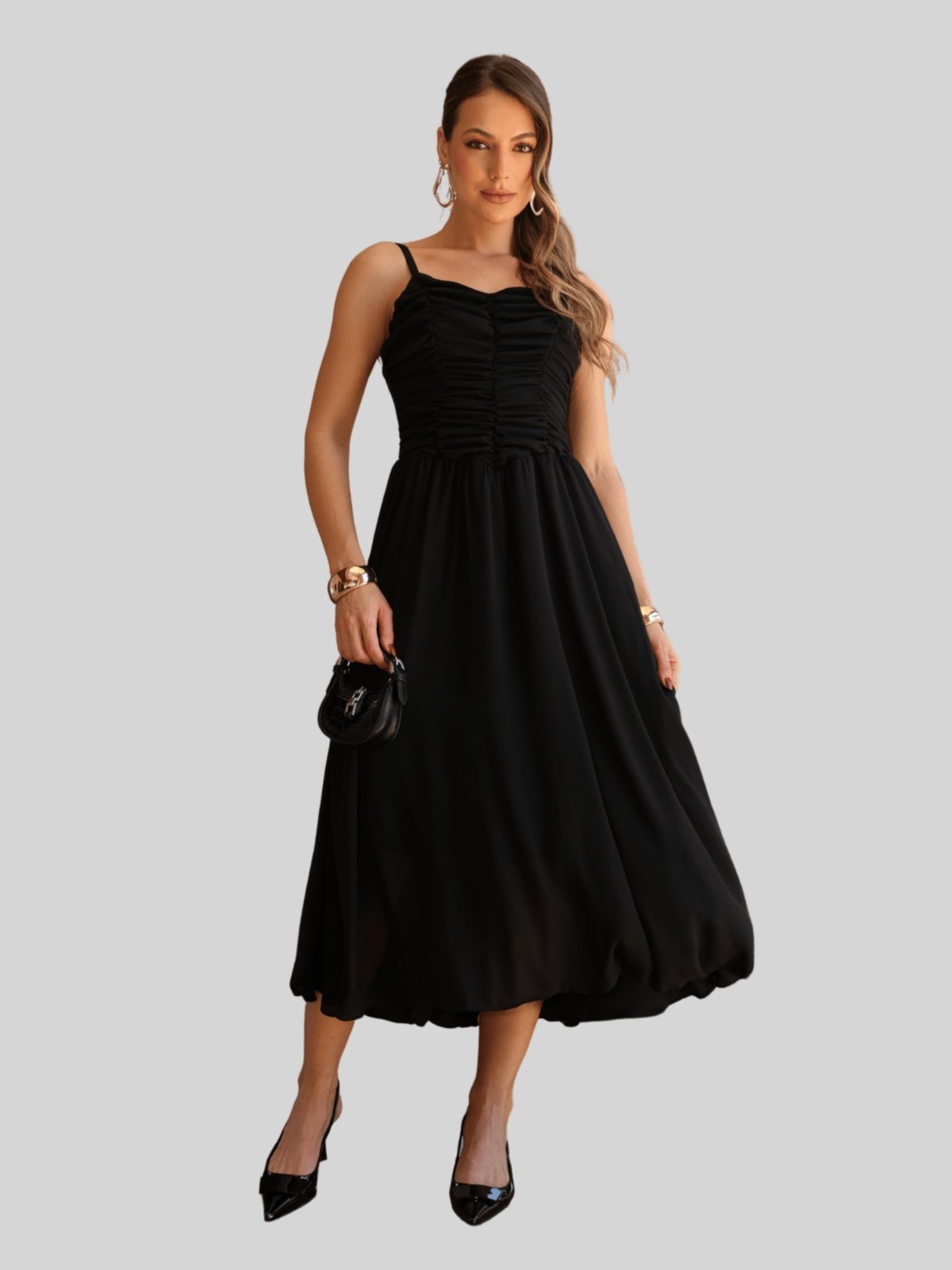 Vestido Miss e Misses Cristina Midi Crepe C/Franzido Busto Preto
