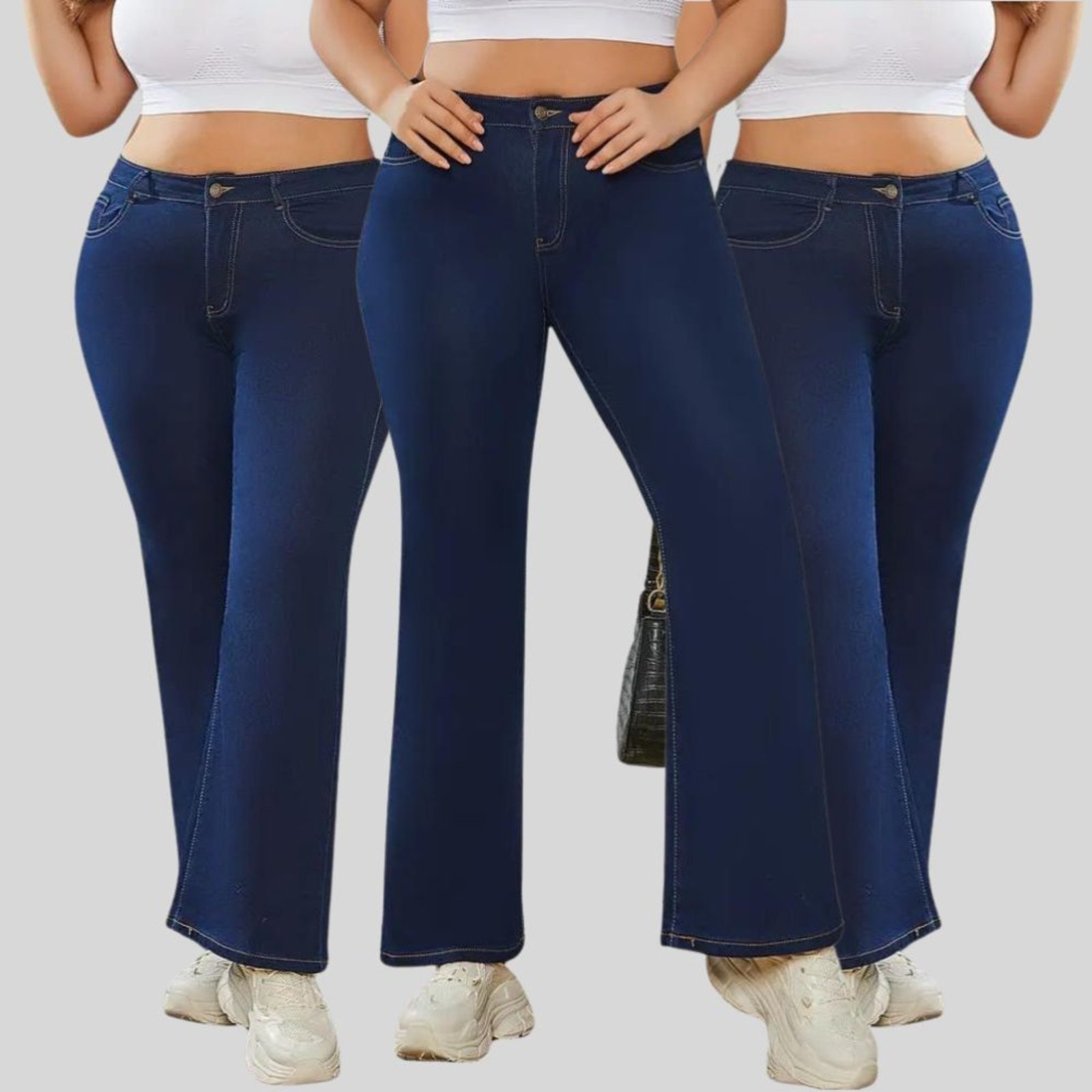 Kit 3 Calça Flare Plus Size Jeans Feminina Tex JEans Boca de Sino Cintura Alta Modeladora com Elastano Azul Escuro