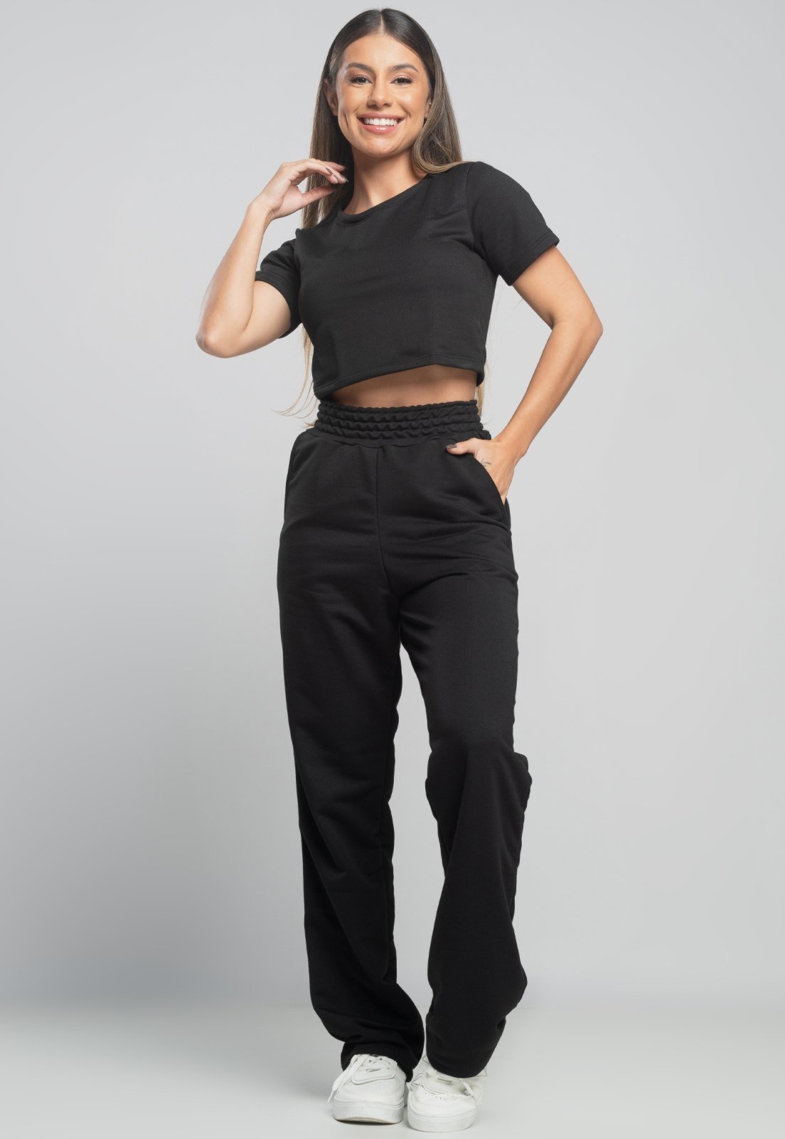 Calça MVB Modas Pantalona Flare Franzida Wide Leg Moletinho Preto
