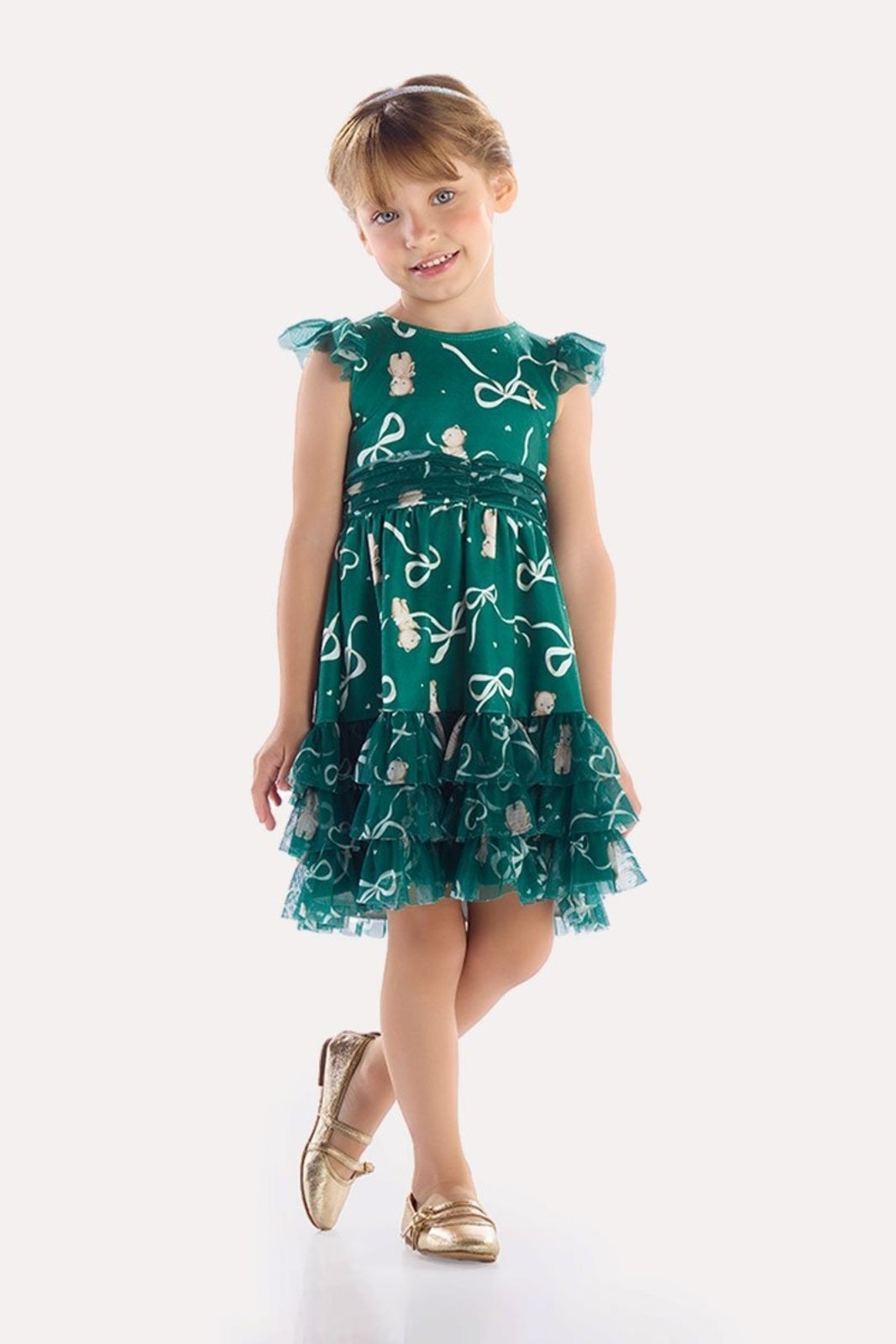 Infantil - Vestido Verde com Tule e Amarração na Cintura