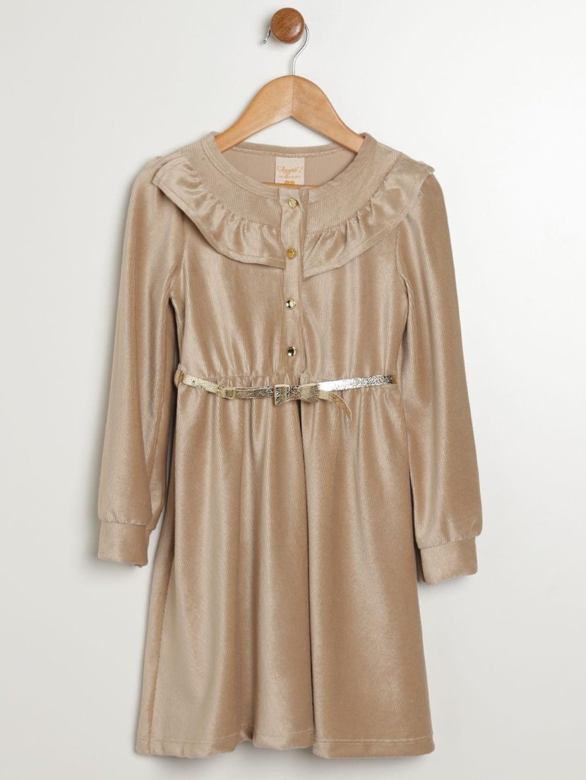 Vestido Veludo Com Cinto Para Menina- BEGE