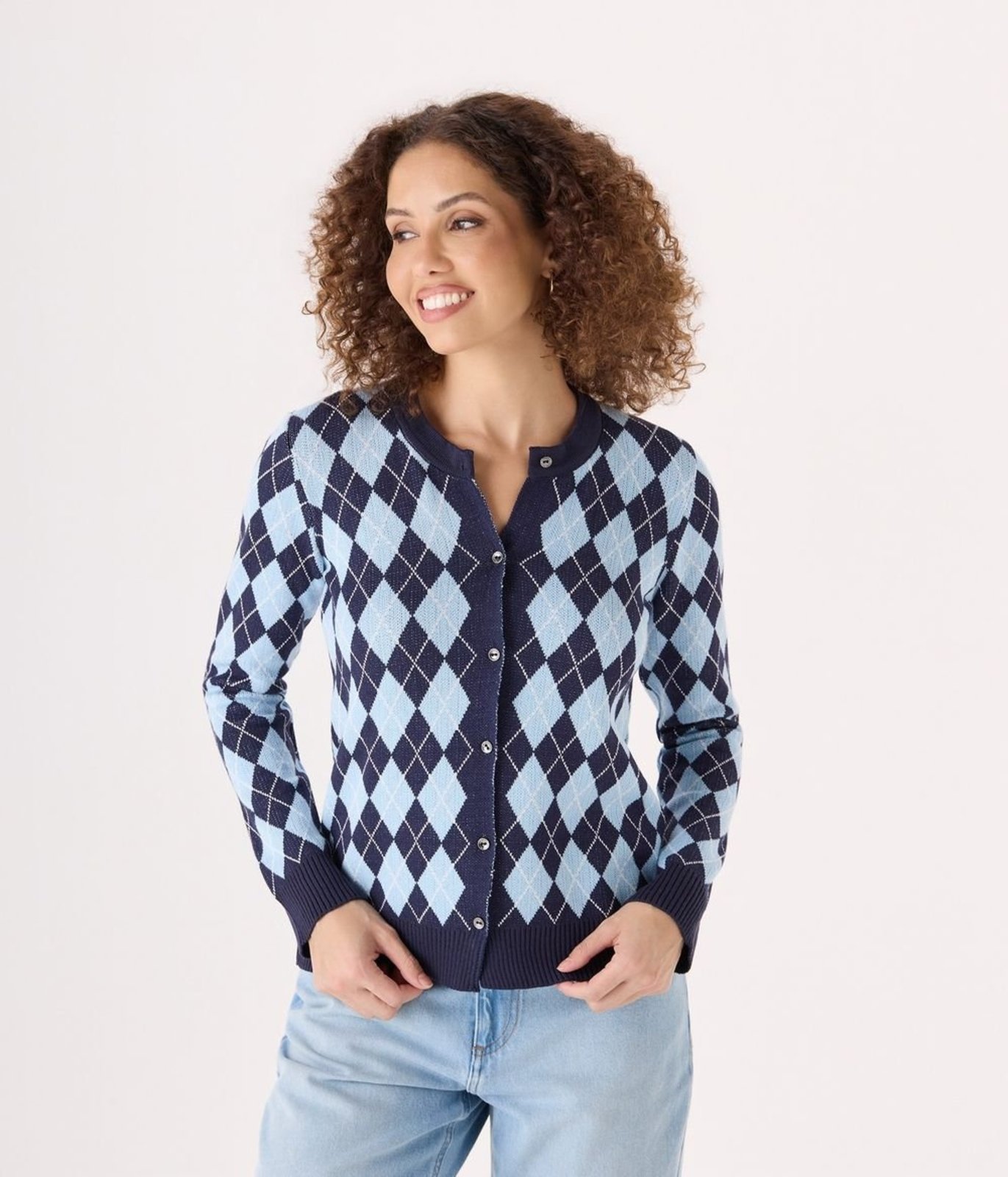Cardigan Makenji Tricot Ml Jacquard Escoces Feminino Azul