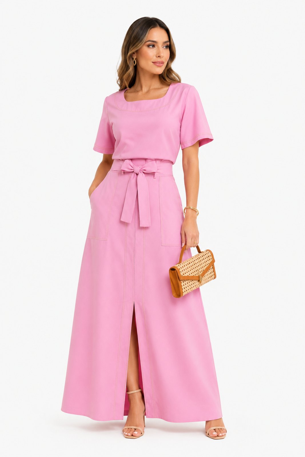 Conjunto Feminino D Bell Outlet Fashion Saia Longa Pesponto Amarração Rosa
