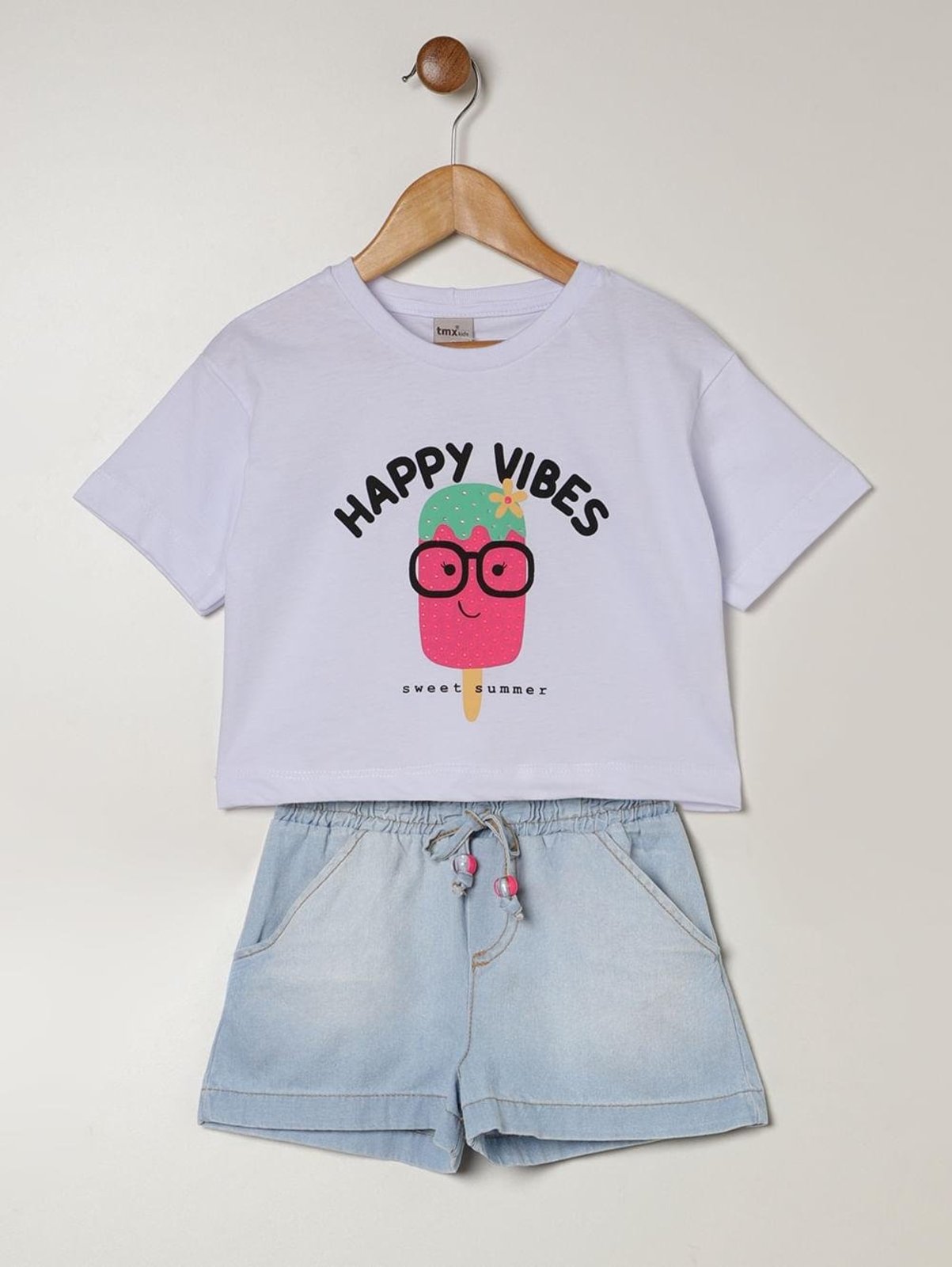 Infantil - Conjunto Curto Jeans Para Menina - BRANCO