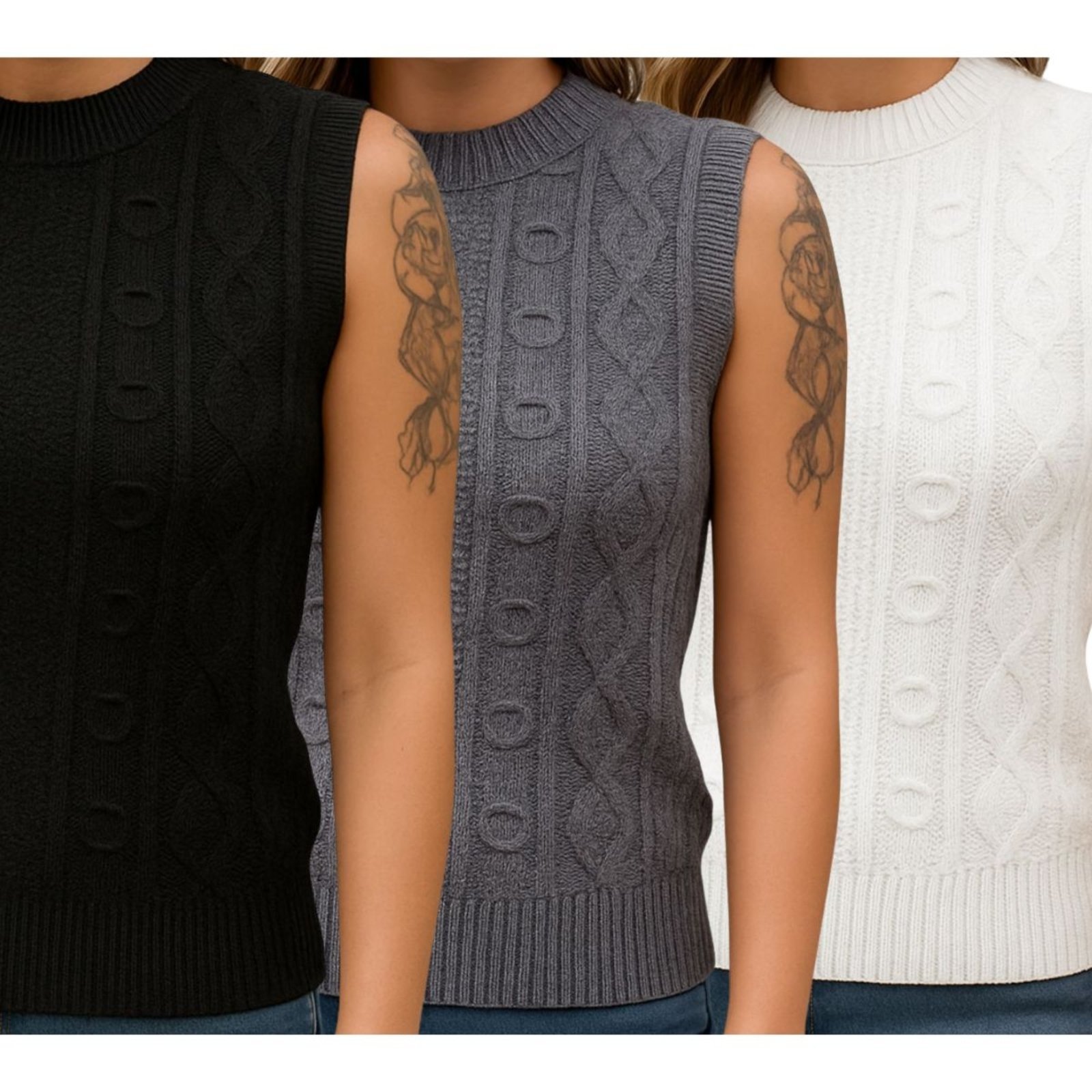 KIT 3 Blusas de Tricô FMF Sem Manga Básica Casual Preto