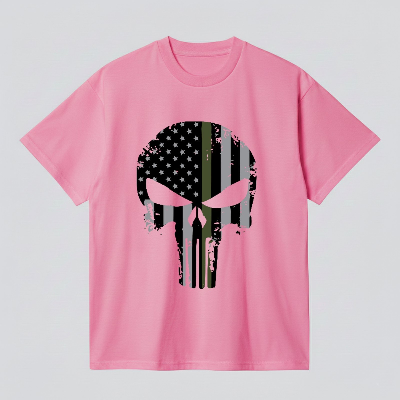 Camiseta Básica Caveira do Justiceiro Skull Tactical Flag Style Unissex Rosa