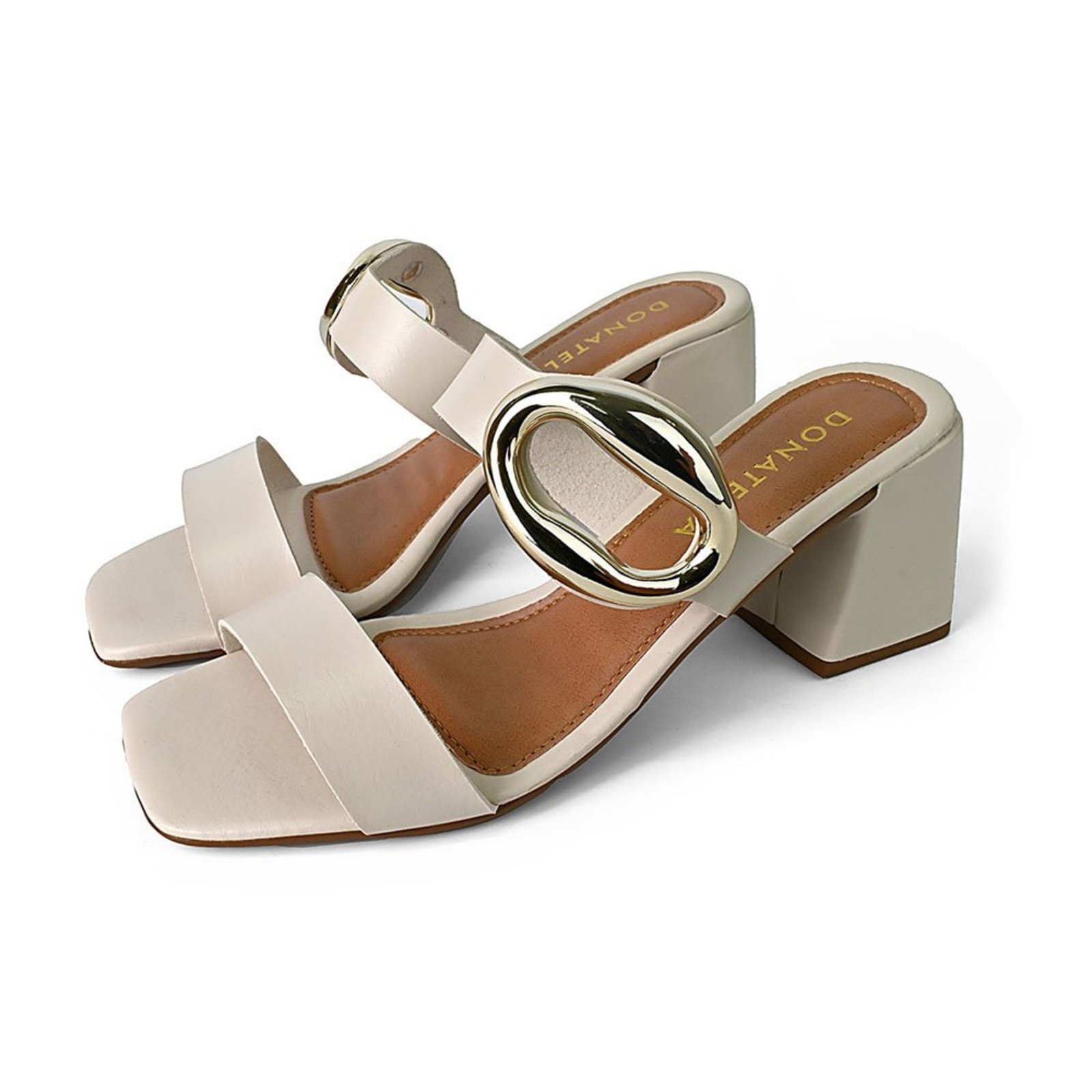 Sandália Feminina CM Calçados Bico Quadrado Salto Alto Casual Duas Tiras Peça Metalizada Elegante Off White