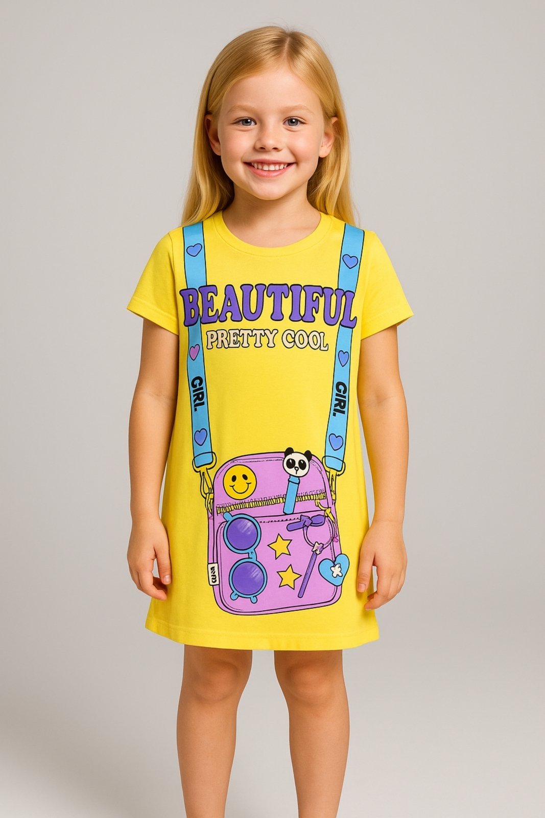 Vista 3 Infantil - Vestido Verão Feminino Beautiful Pretty Cool Mega - Amarelo Mega Kids unico Mega Kids unico