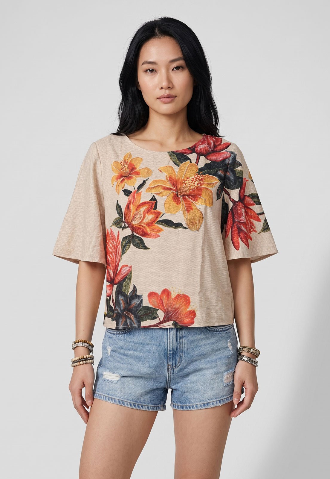 Blusa Feminina Lez a Lez Estampa Floral Bege