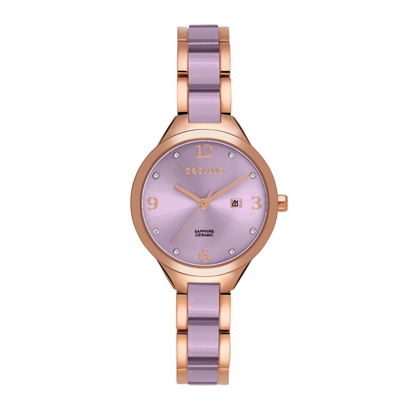 Relógio Seculus Feminino Cerâmica Calendário Rose Gold Seculus