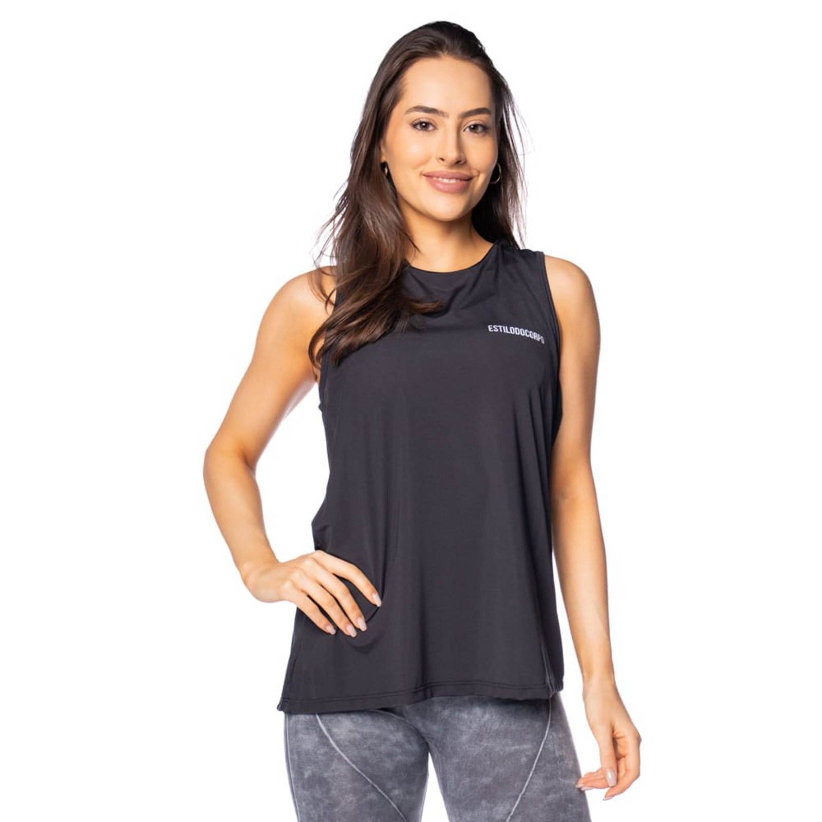 Vista 2 Regata Feminina Estilo do Corpo Alongada preto Estilo Do Corpo preto