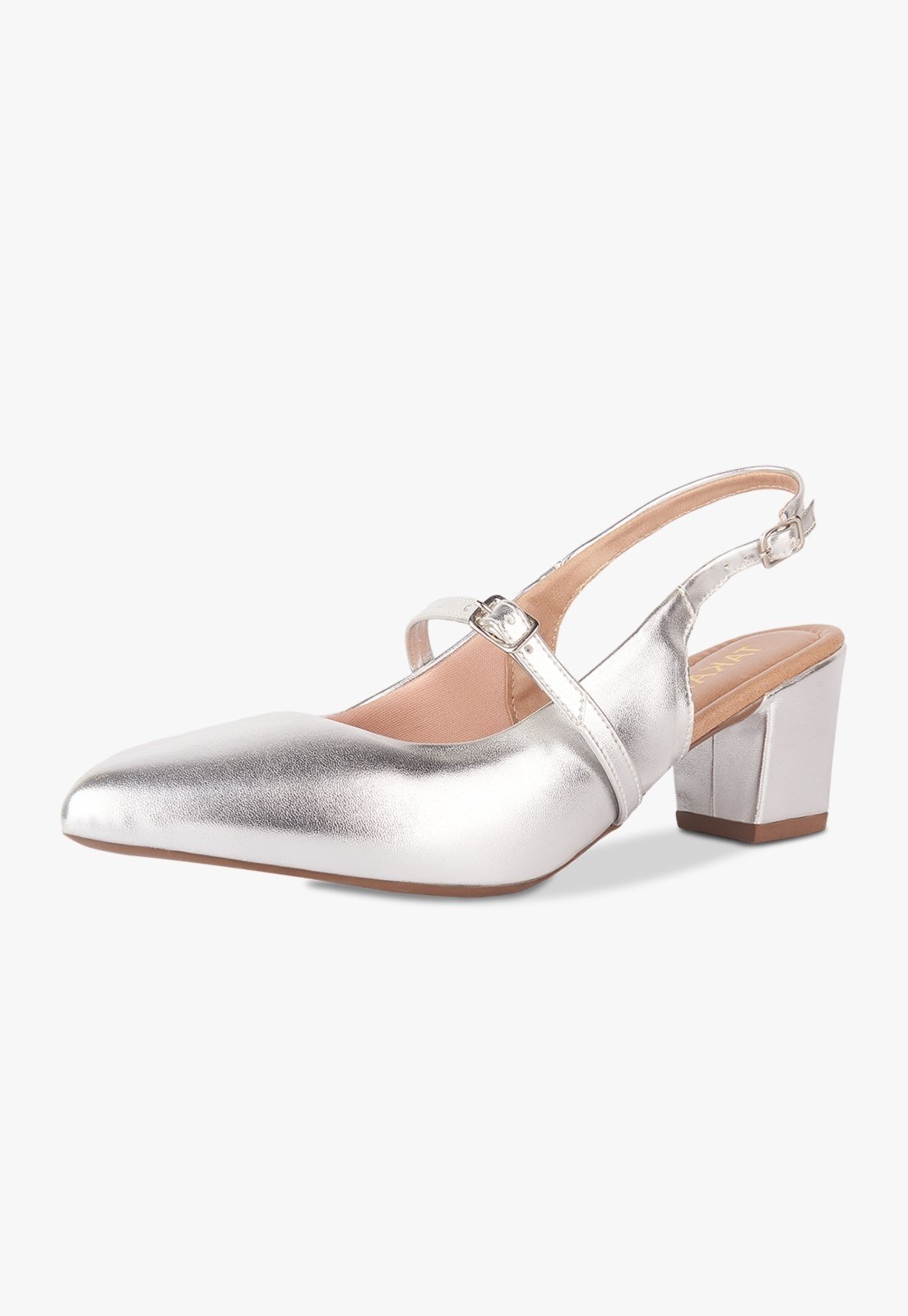 Scarpin Feminino Takata Slingback Salto Baixo Bloco Fivela Metalizado Prata