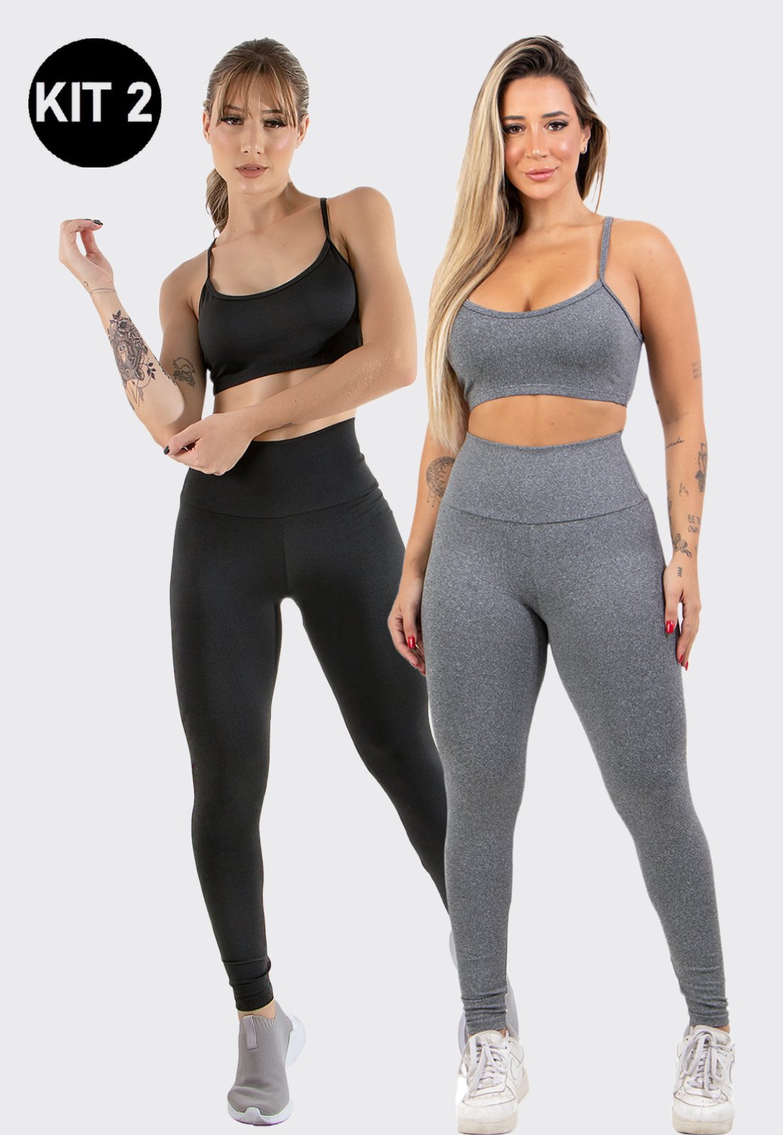 Kit 2 Conjuntos Feminino Fitness Top alça fina e Calça Legging Lisa Treino Academia 4 Estações Cinza/Preto