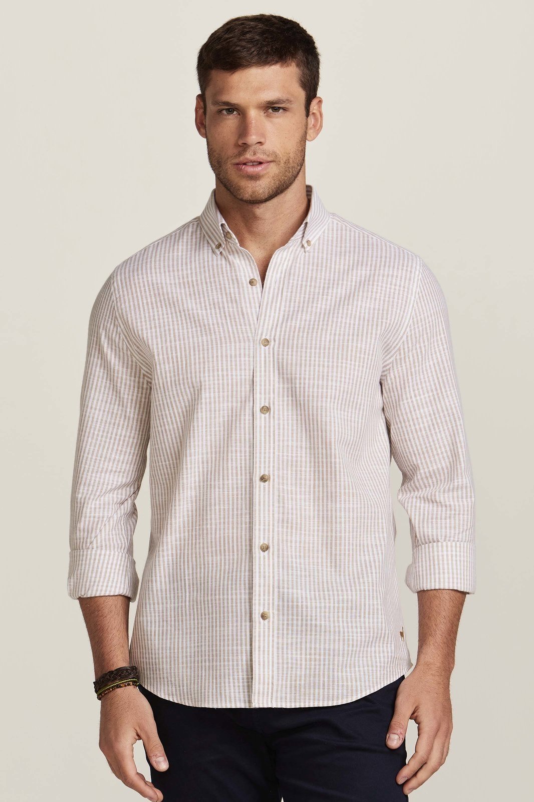 Camisa Bd Voil Listras Branco E Khaki Zapälla Bege