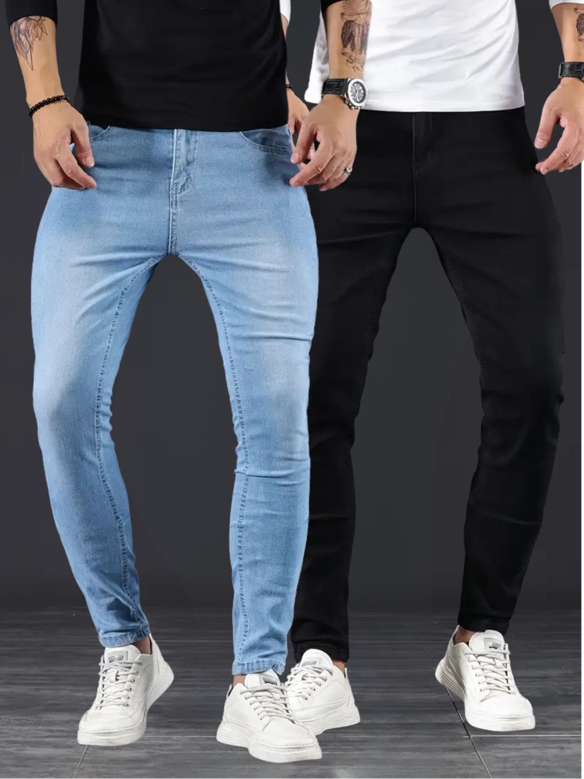 Kit 2 Calças Jeans Masculina KOVALI Skinny Casual Premium Confortável com Elastano Azul Claro e Preto