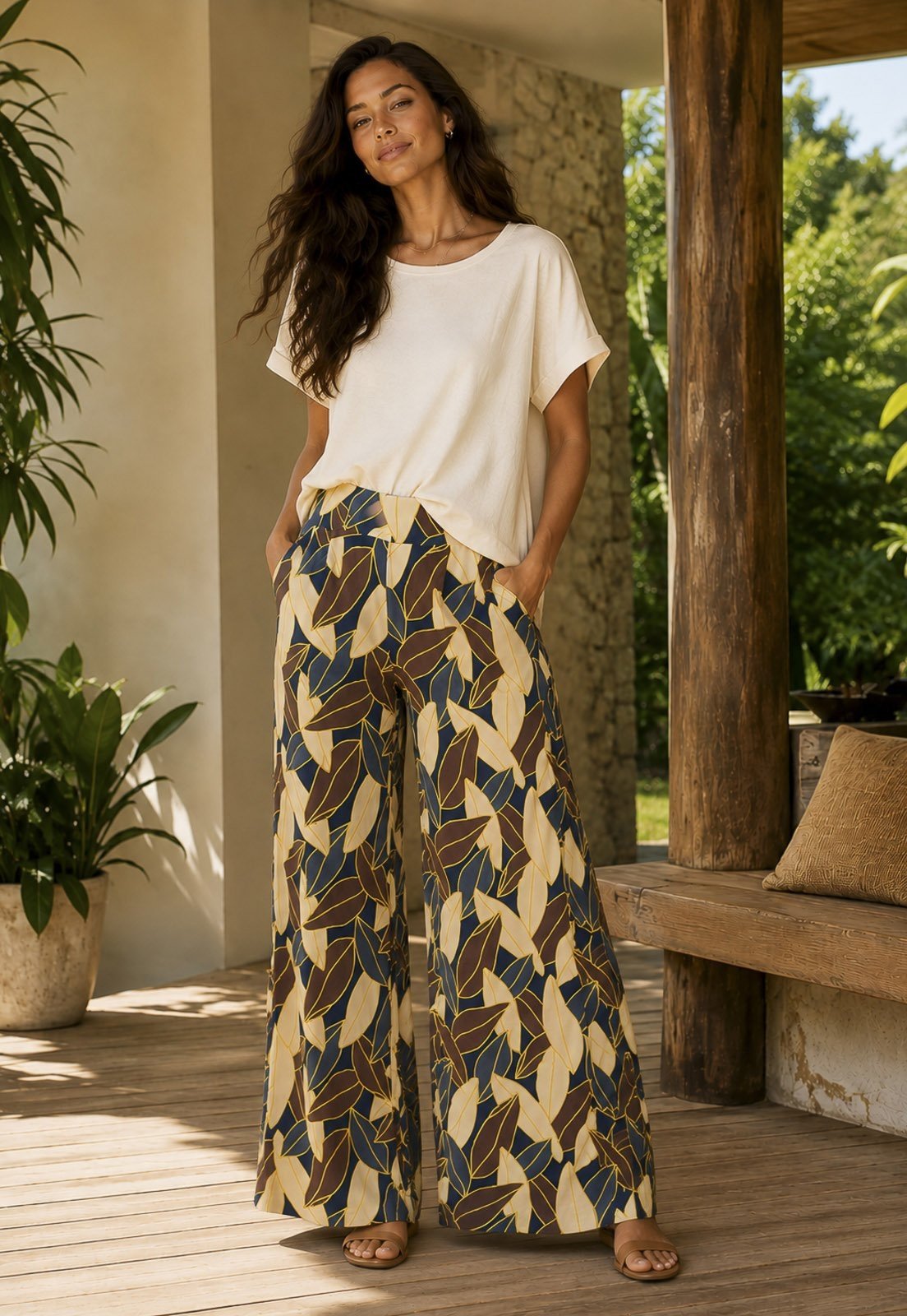 Calça Cabanafree Pantalona Granja Malha Estampa Folhas de Outono