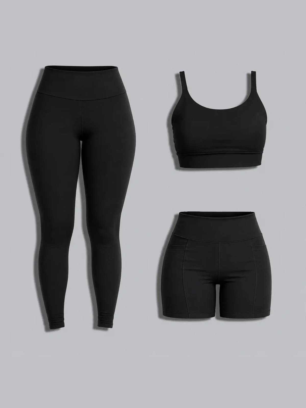 Kit 3 Peças Fitness Feminino Top Legging e Short Cintura Alta Sem Transparência Academia Gult Essentials Preto
