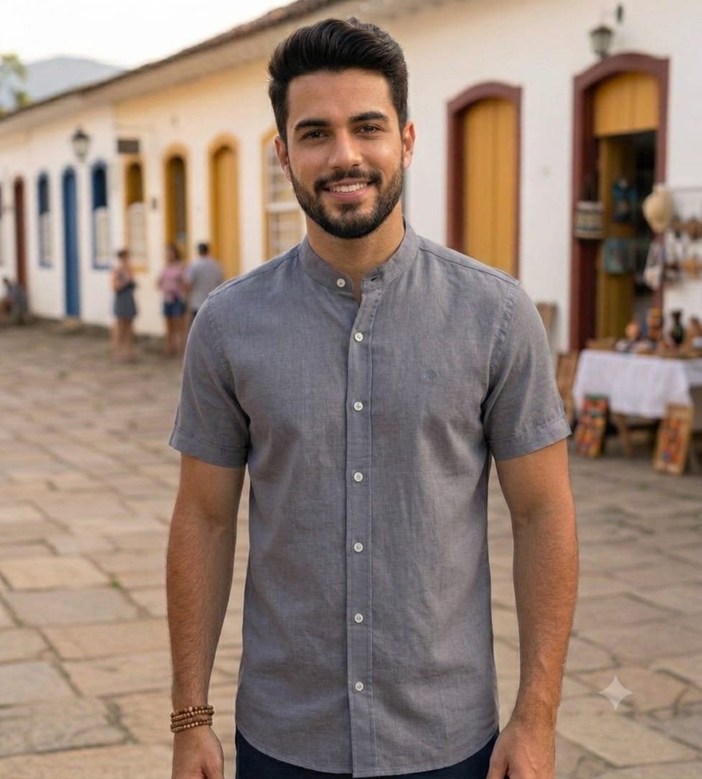 Camisa Amil Gola Padre Algodão Estilo Casual com Linho Macia Manga Curta Cinza