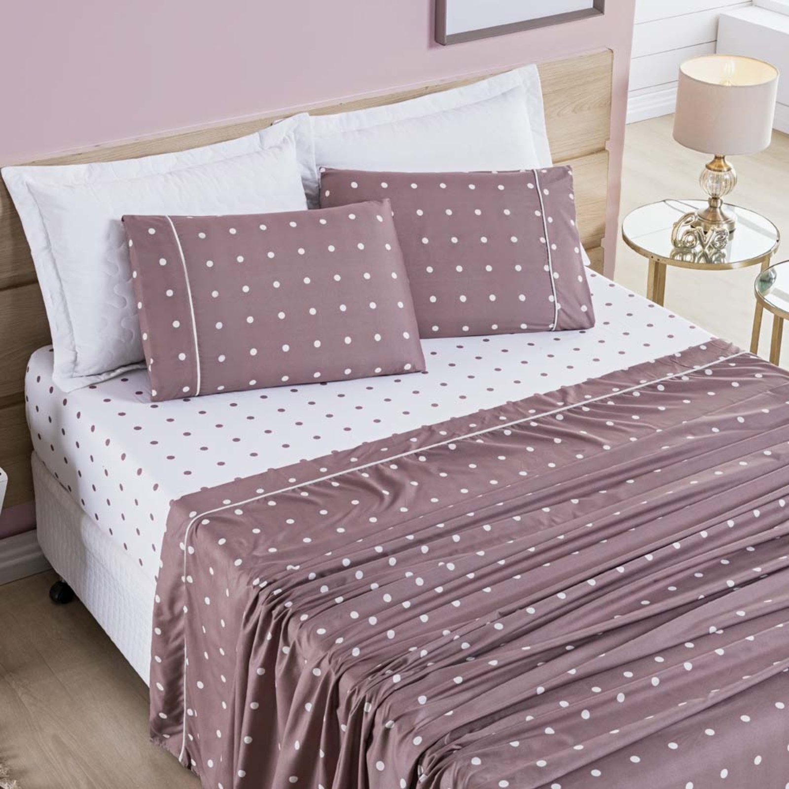 Jogo Cama Lençol Casa Scarpa Meggy Poá Queen Bolinhas Micropercal 200 Fios 4 Peças - Rosê