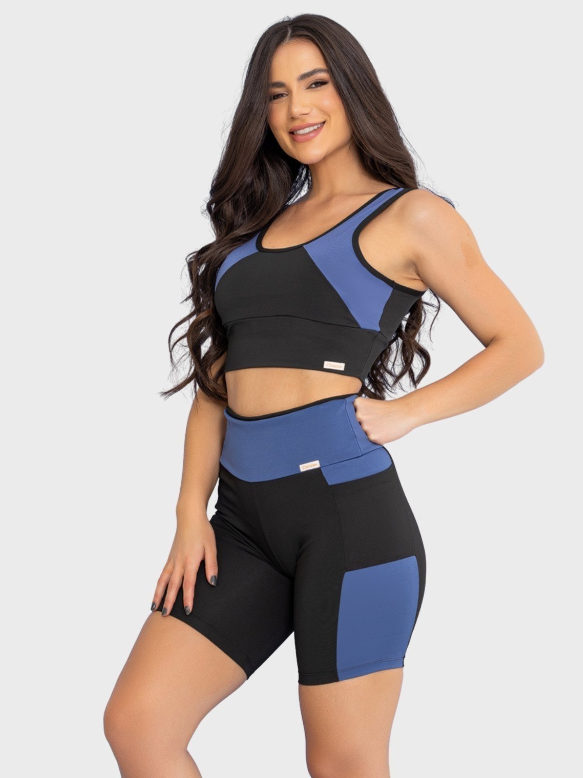 Conjunto Fitness Tarelles Top Short Bolso Preto e Azul