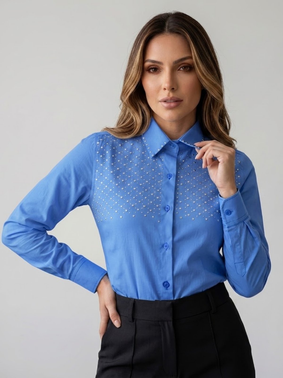 Camisa Social Feminina azul motorista com strass em bloco no busto superior Premium Blusa com Manga Longa