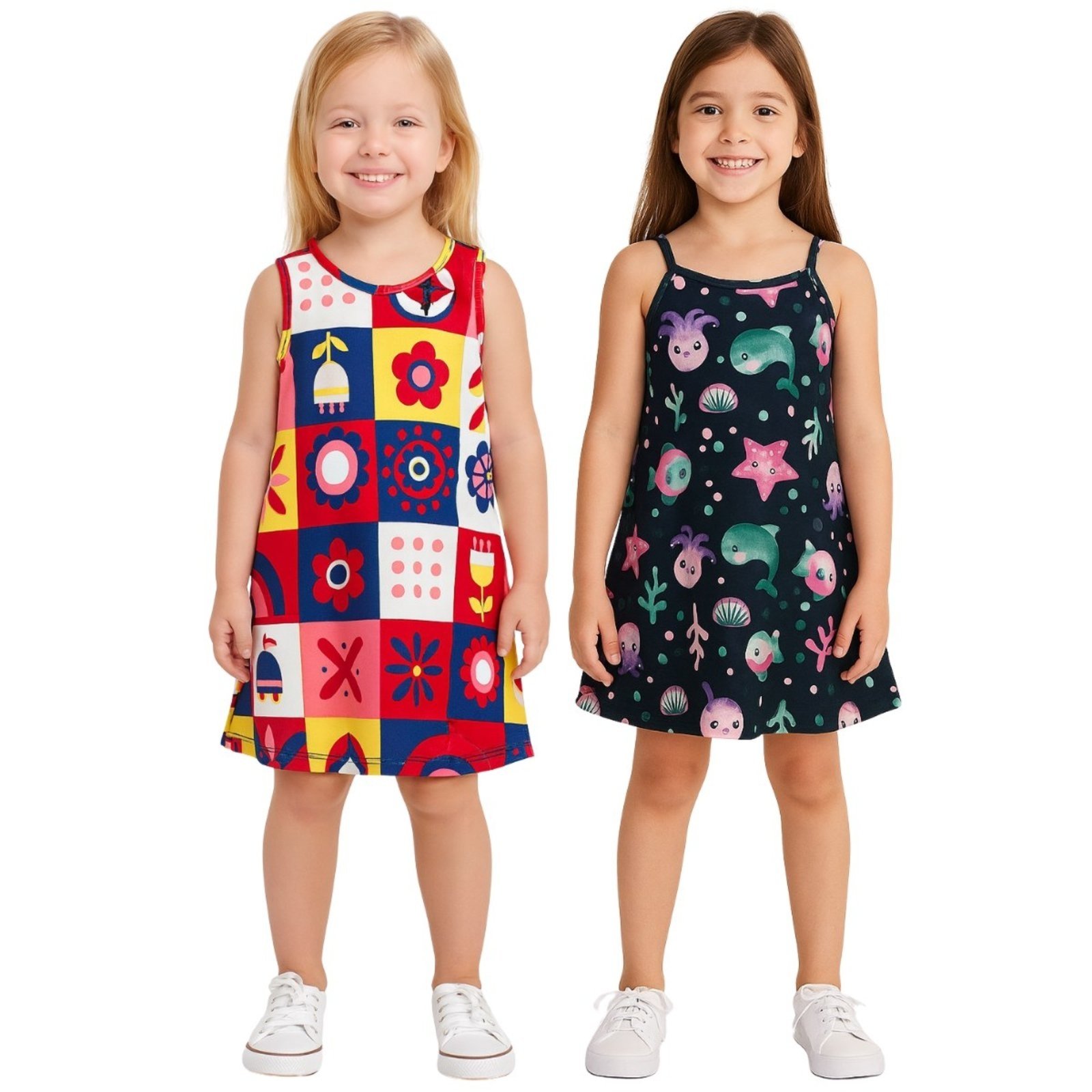 Vista 2 Infantil - Kit Vestido Kyly Alça Finas Floral Marinho e Pacifico azul/azul marinho azul Kyly azul/azul marinho azul