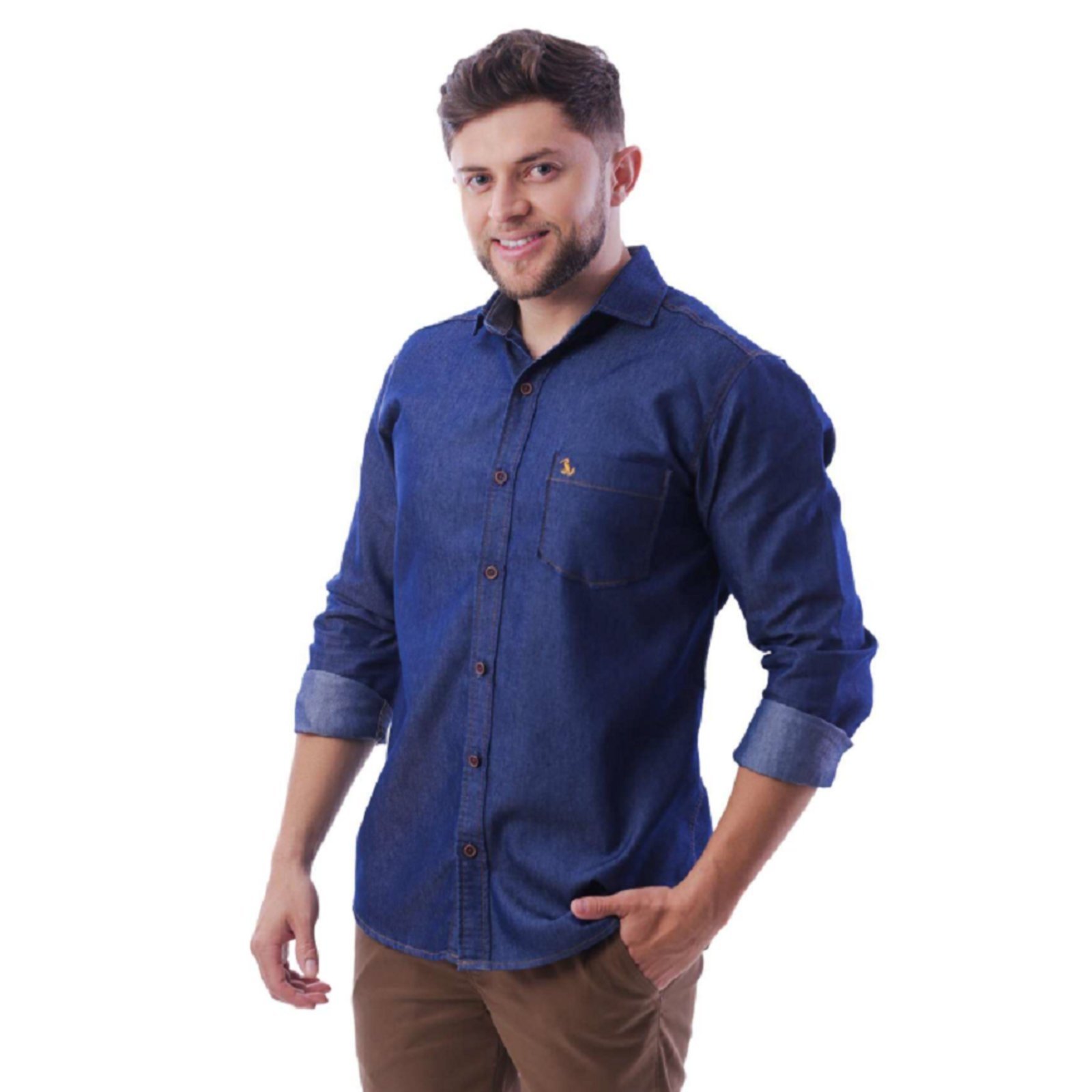 Camisa Jeans Social Manga Longa com Bolso Original Amil Marinho