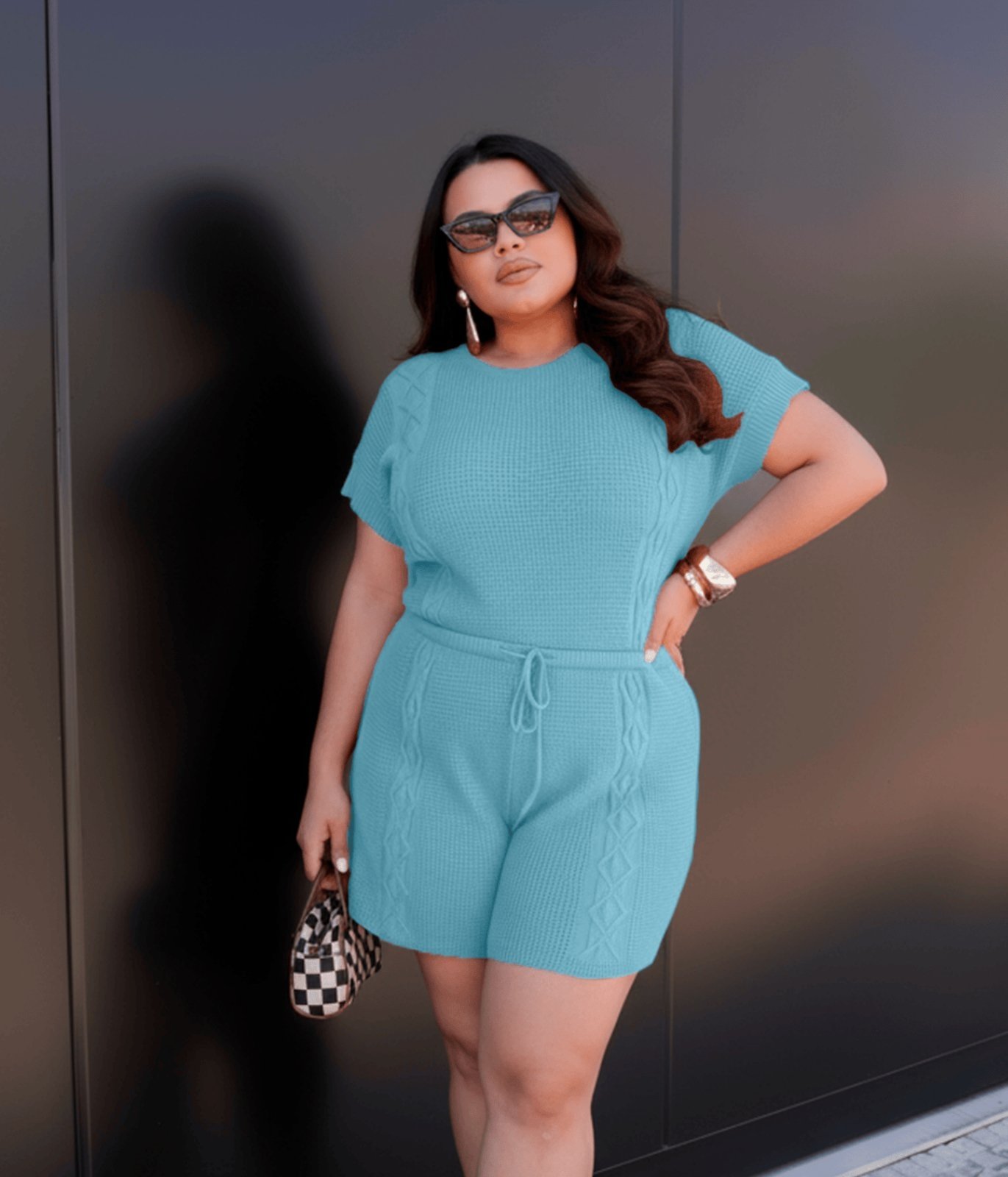 Conjunto Cherry Line Duas Peças Blusa Manga Curta Shorts Tricô Marrom Azul