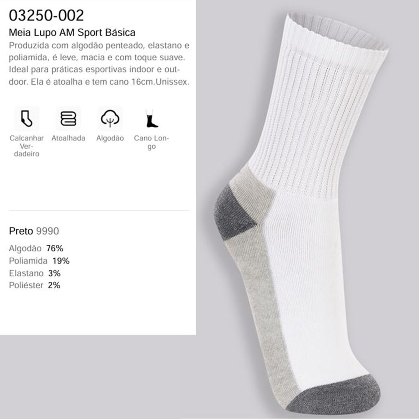 Meia Básica Lupo Cano 16cm Leve Macia Toque Suave Branco