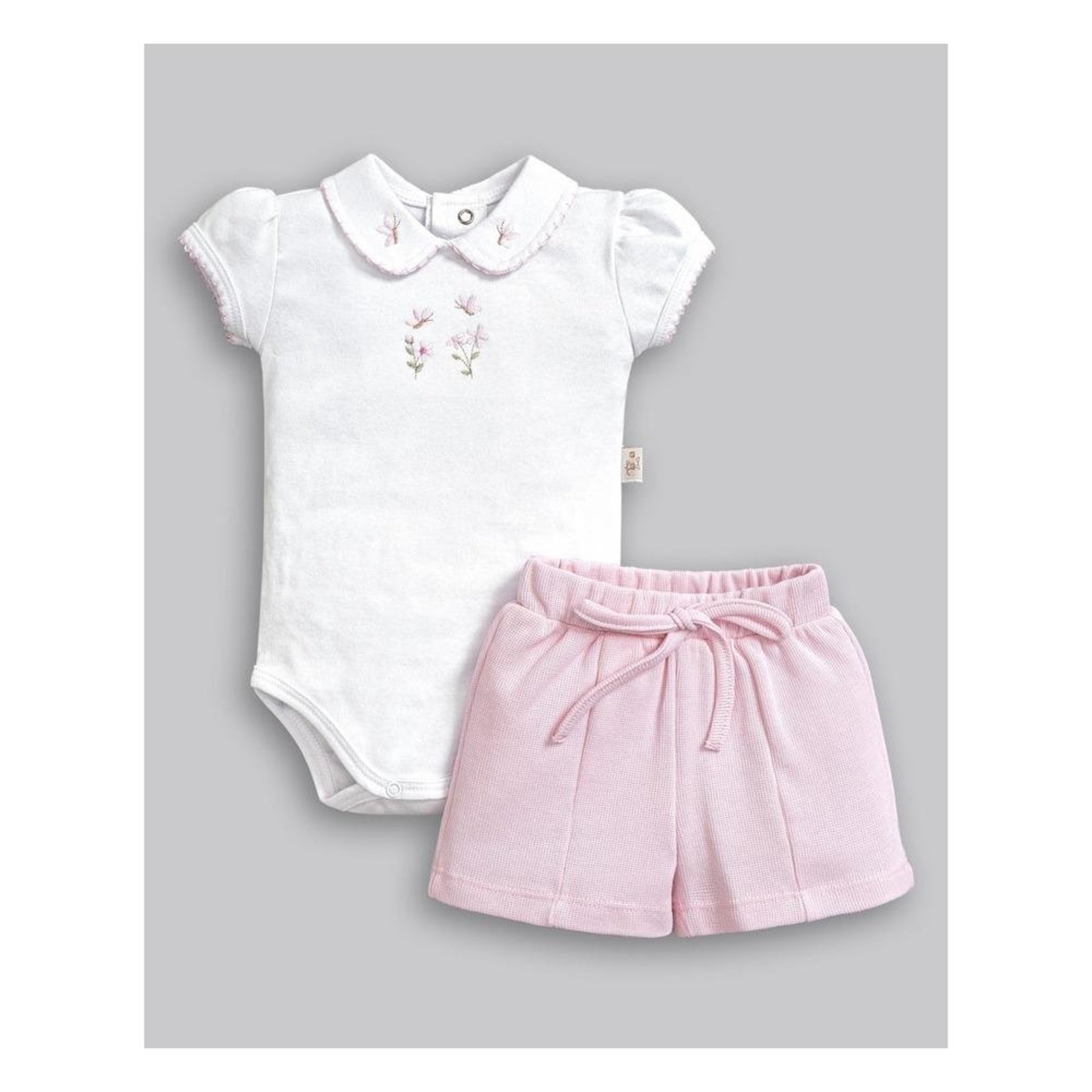 Infantil - Conjunto Menina Body Gola Bordada Shorts Anjos Baby G Rosa